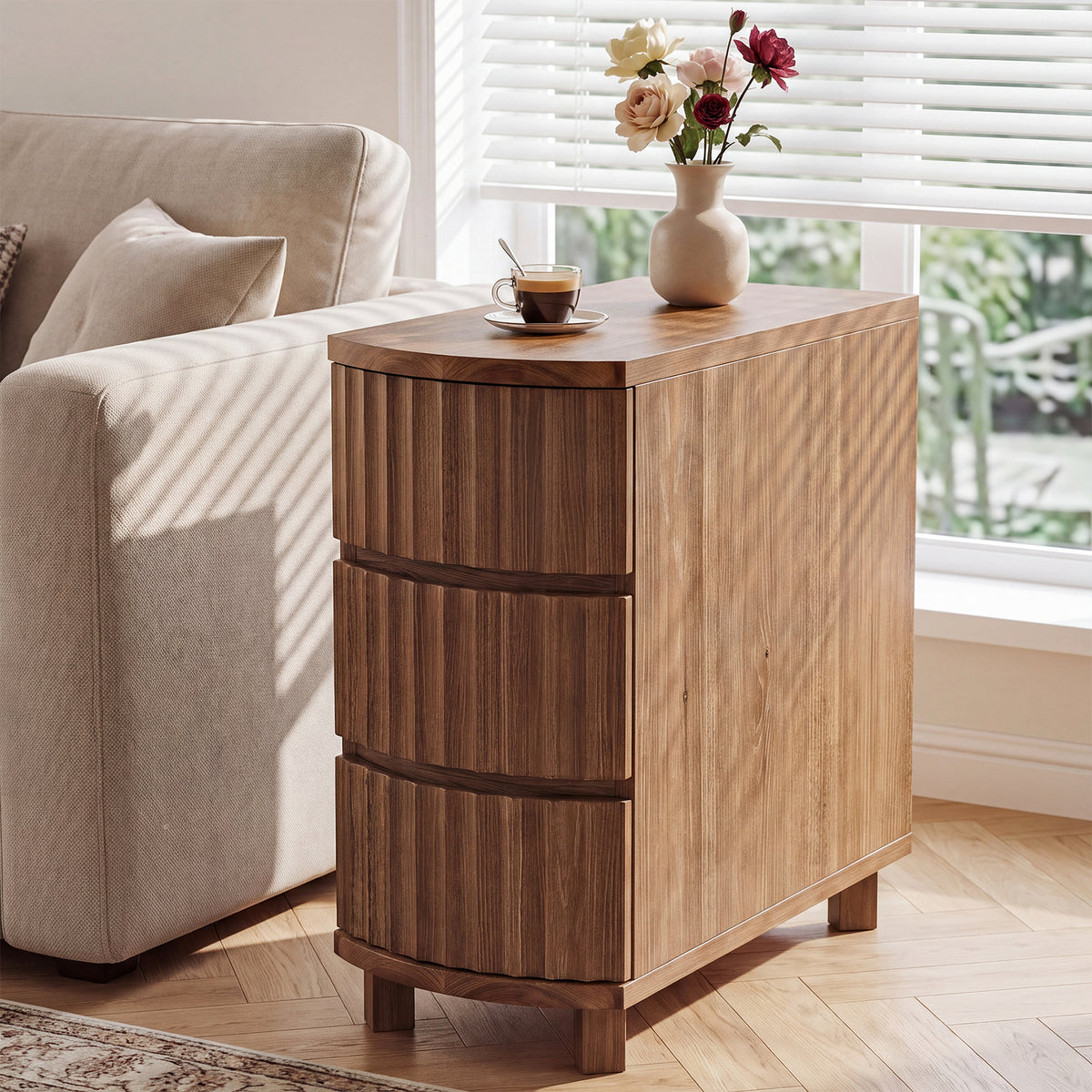 Solid Wood End Table, 3-Drawer Narrow Side Table with Curved Design for Living Room