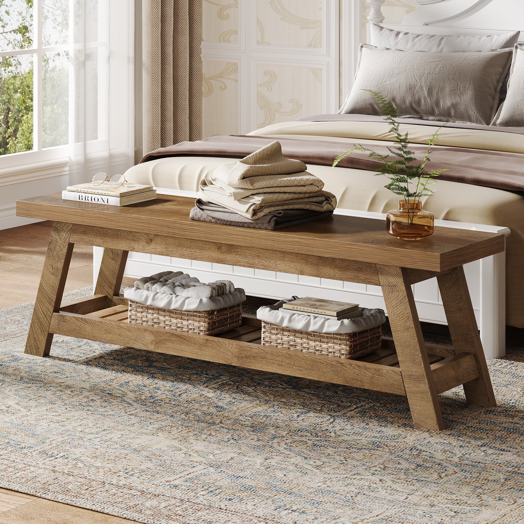 55" Entryway Bench, 2-Tier Foyer Seating Bench with Shoe Storage
