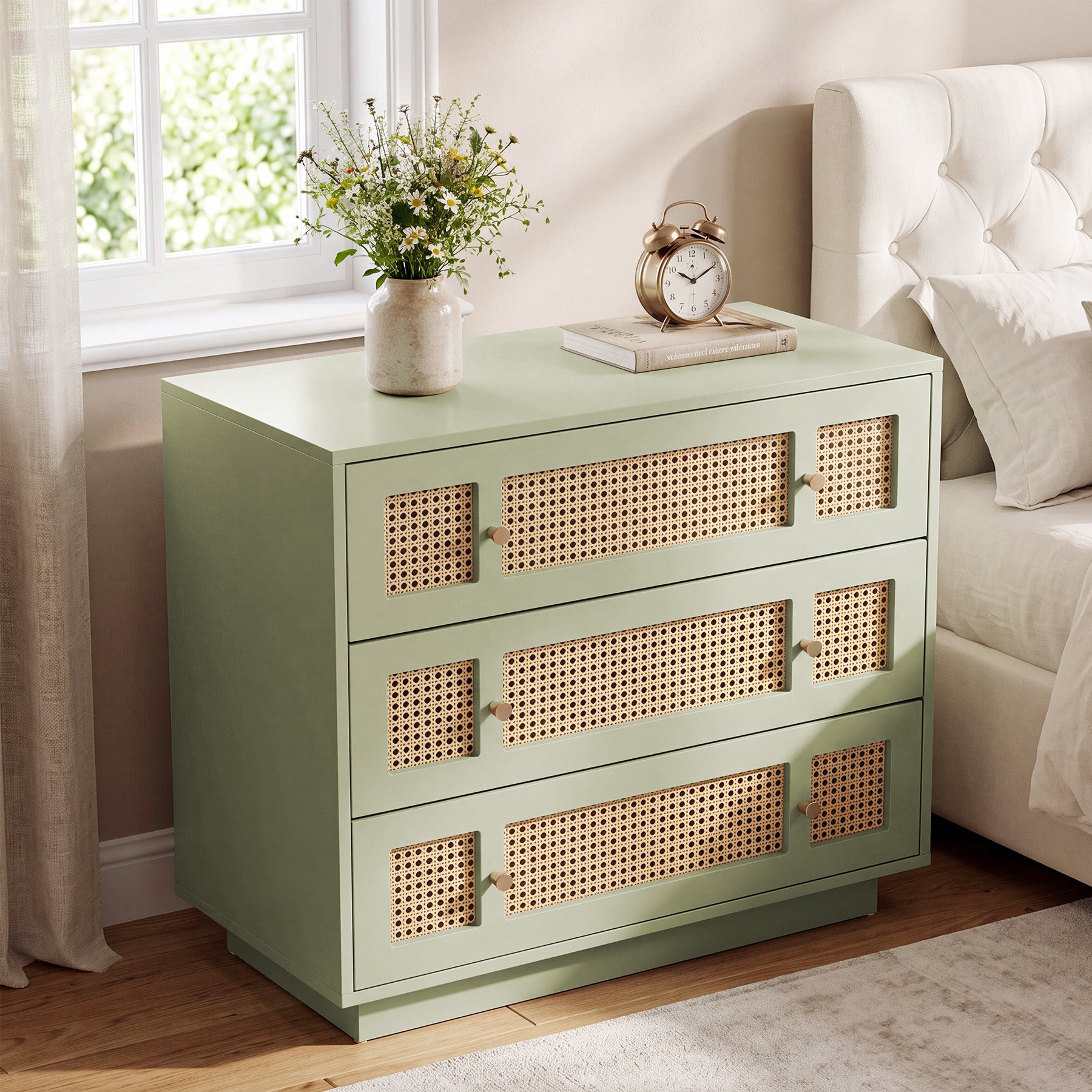 31.5" Rattan Nightstand, Oversized Bedside Table with 3 Drawers for Bedroom