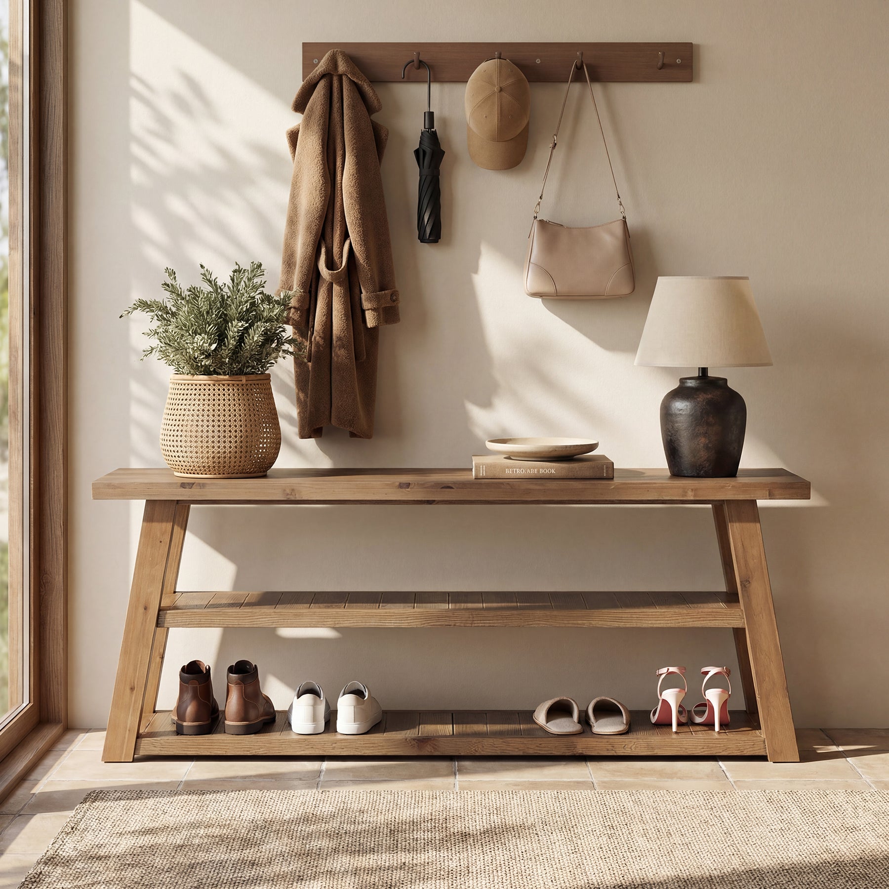 63" Solid Wood Entryway Bench with Storage, 3-Tier Shoe Bench with Open Shelves