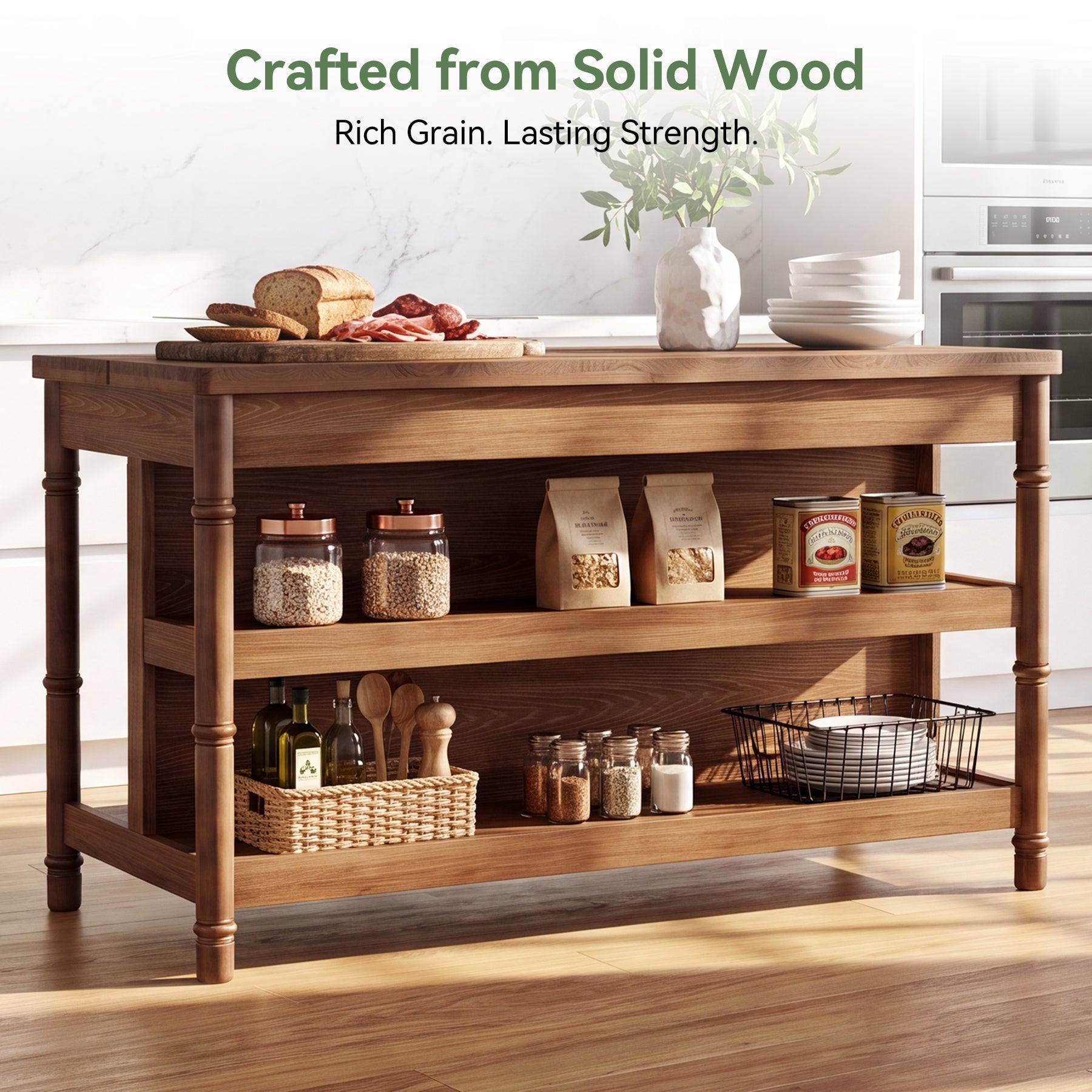63" Kitchen Island Table with Storage & Seating, Farmhouse Wood Island with 3-Tier Shelves