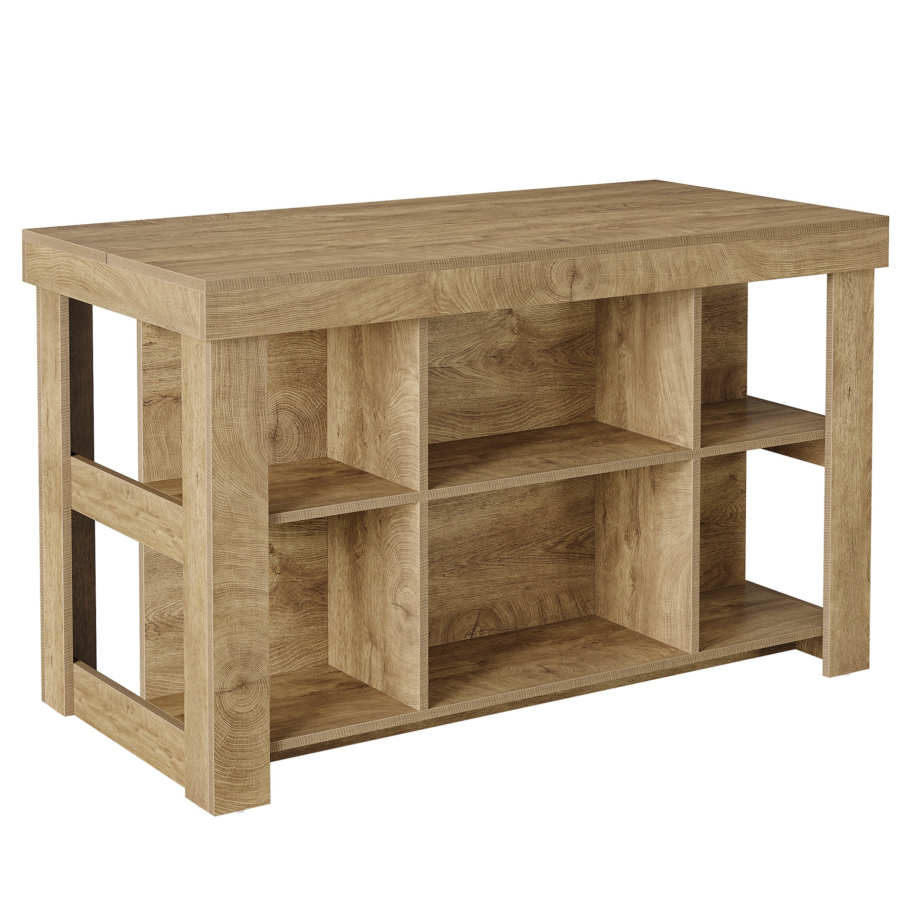 55" Kitchen Island, Farmhouse 3-Tier Stationary Island Table with 6 Storage Cubbies