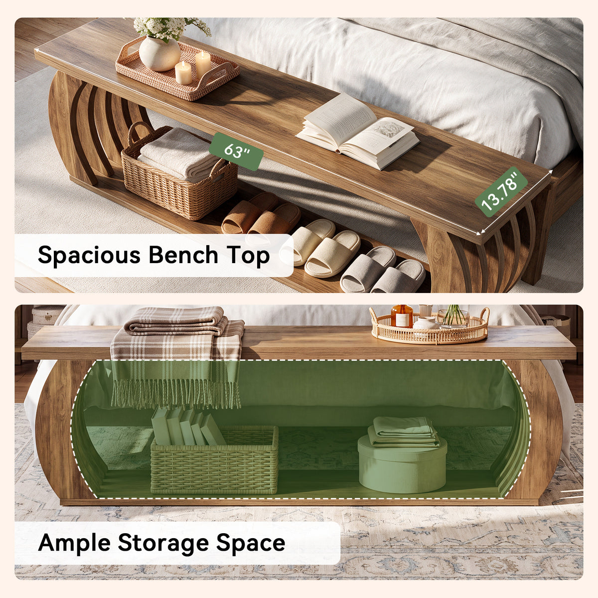 63" Farmhouse End of Bed Bench with Storage, 2-Tier Curved Hollow Legs