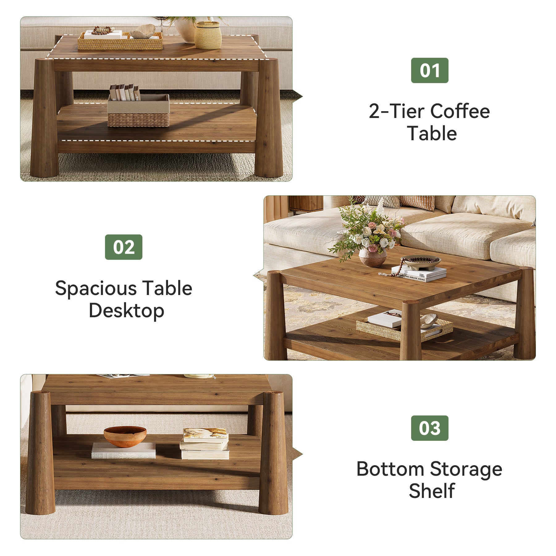 Square Solid Wood Coffee Table, 34" Farmhouse Center Table with 2-Tier Storage