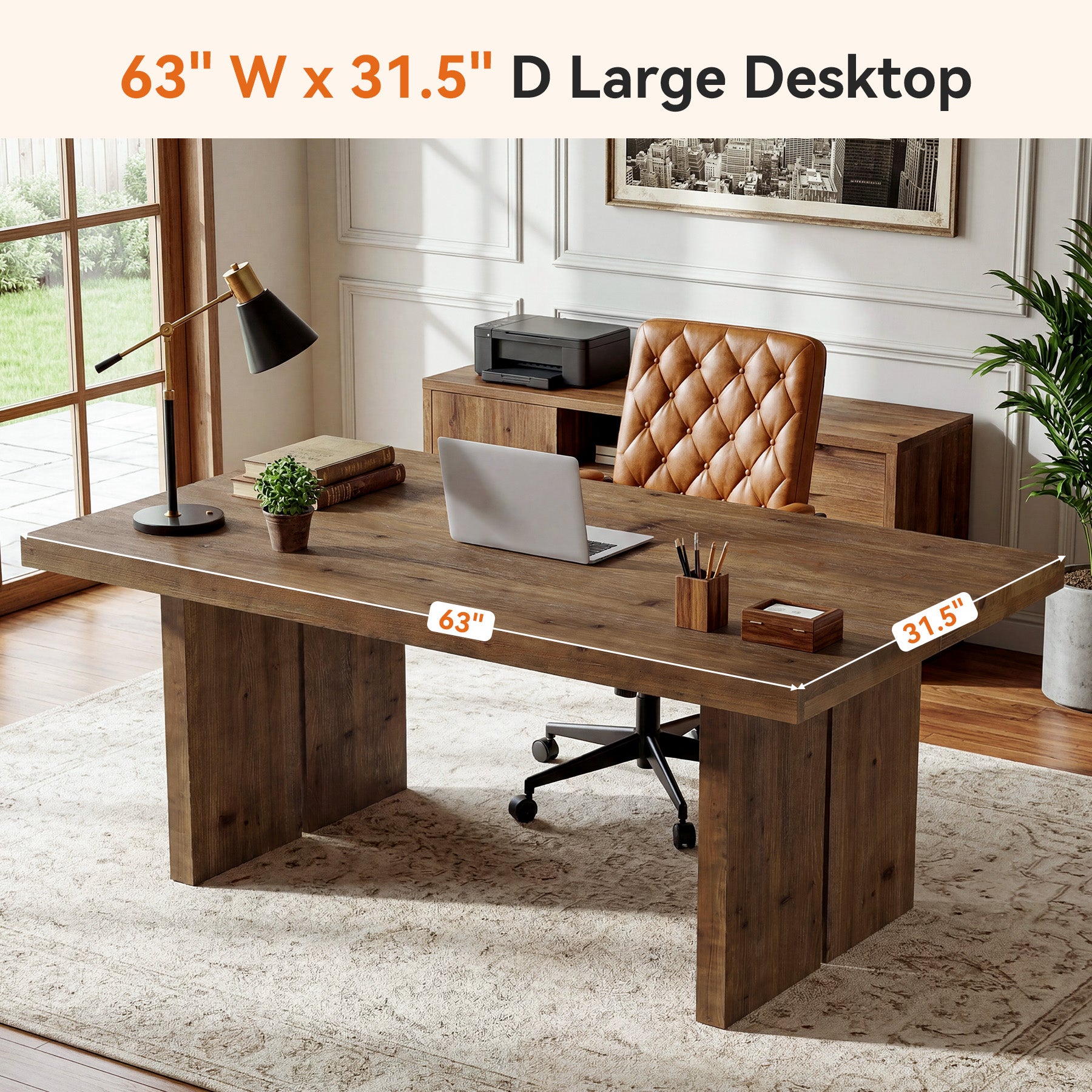 Tribesigns 63" Solid Wood Desk, Farmhouse Executive Computer Desk for Home Office
