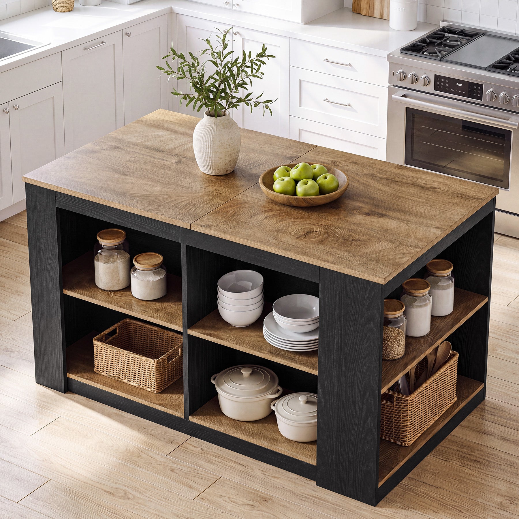 55" Two-Tone Kitchen Island with Storage Shelves, Large Worktop Dining Table