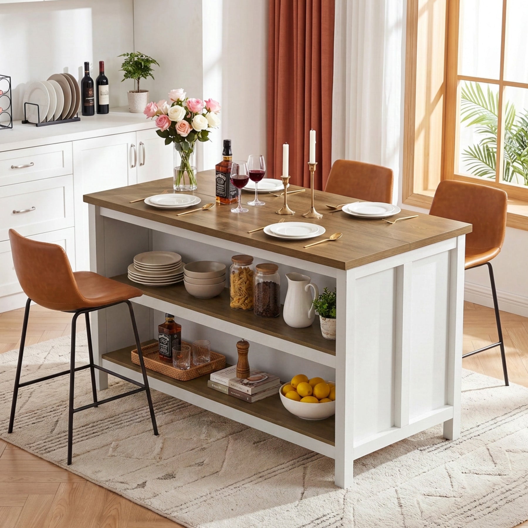 47" Kitchen Island, 2-Tier Farmhouse Wooden Stationary Island Table with Large Worktop