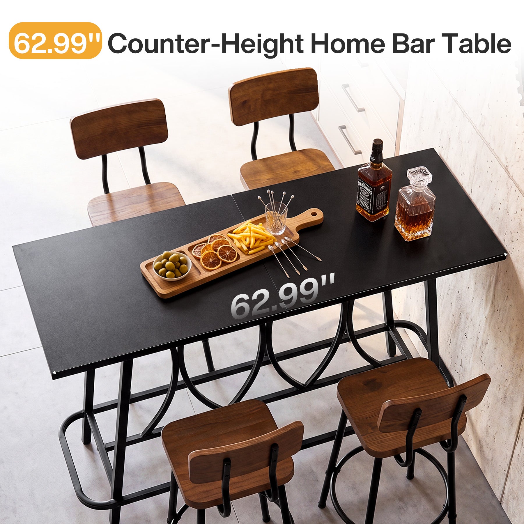 63-Inch Counter Height Bar Table with Reinforced Metal Frame, Modern Industrial Home Bar Table