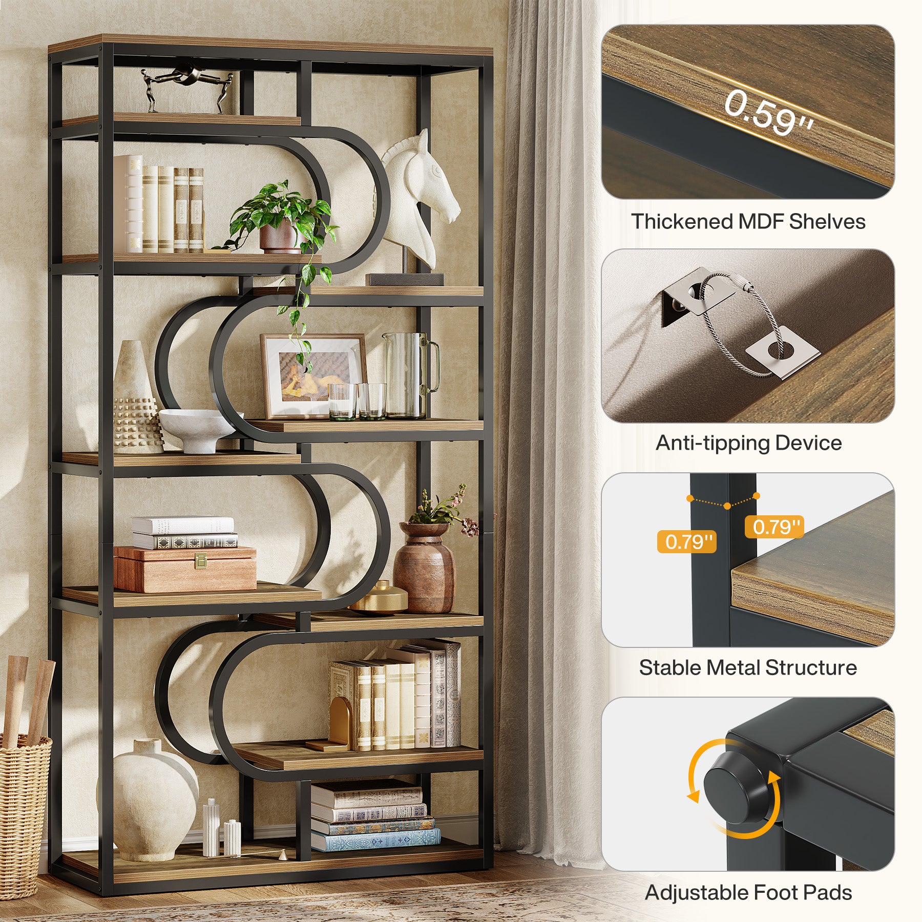 71" Bookshelf, Industrial Etagere Bookcase with Open Storage Shelves