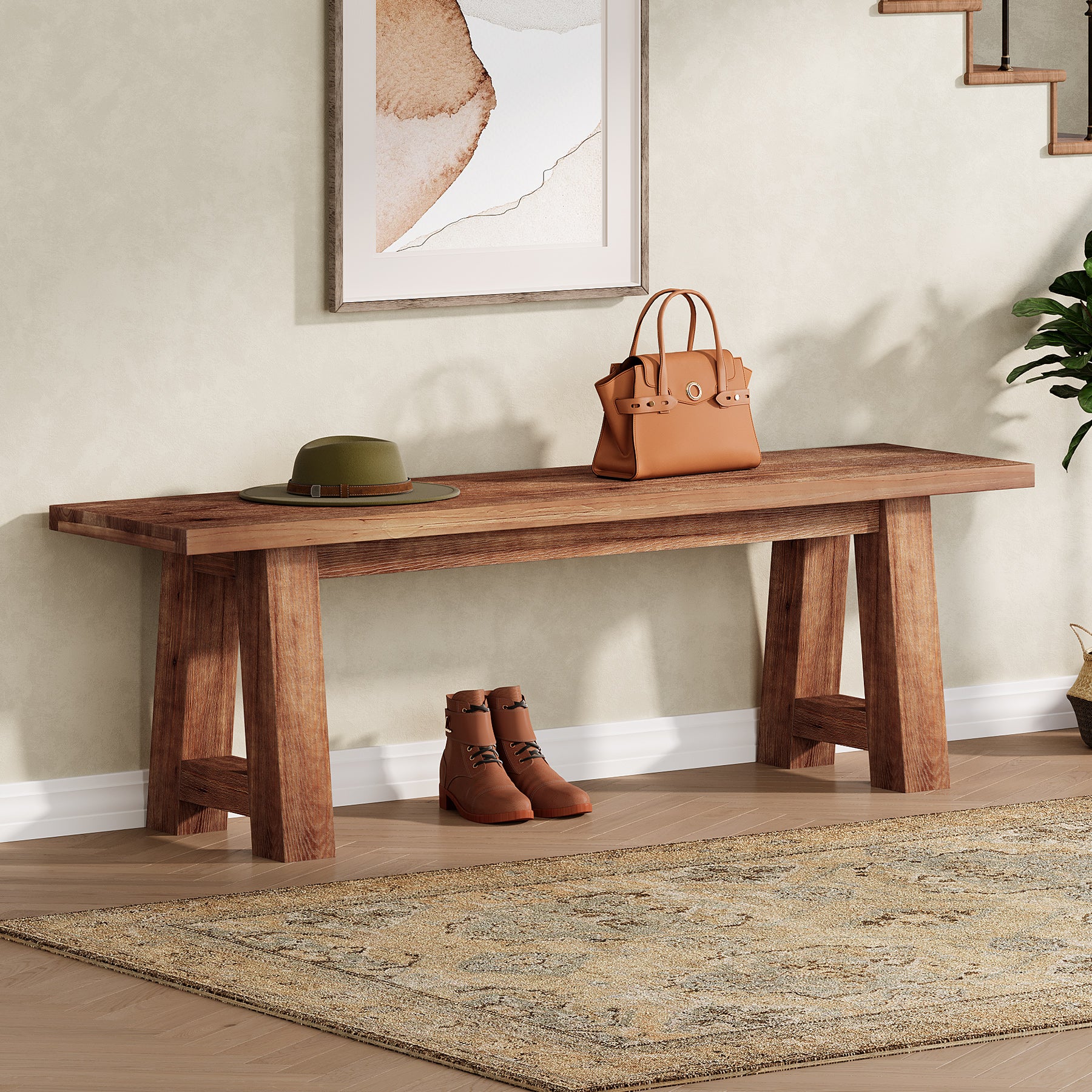 55" Solid Wood Bench, Farmhouse Shoe Entryway Bench for Living Room
