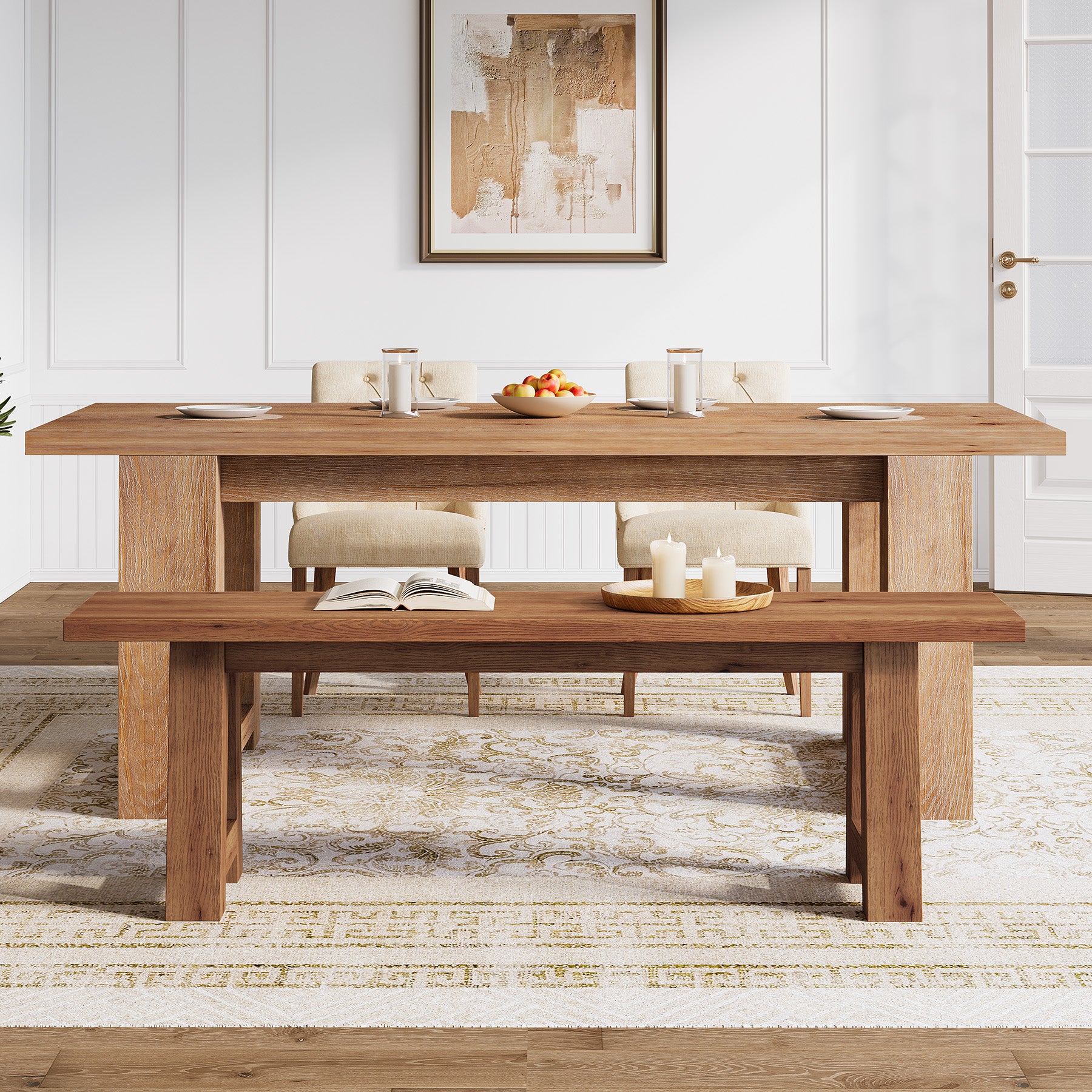 Solid Wood Dining Bench, 55" Entryway Bench with A-Shaped Legs