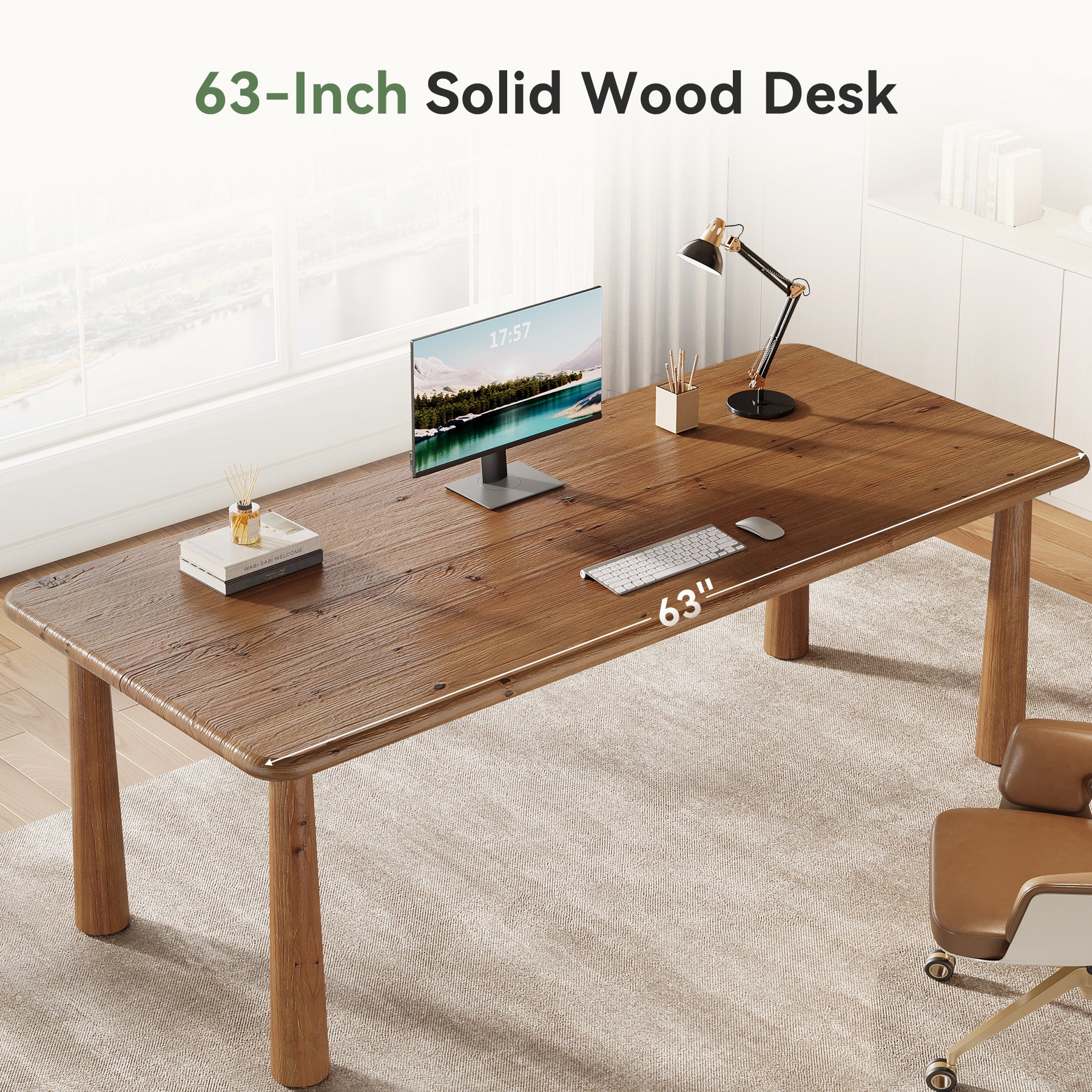 63" Executive Desk, Solid Wood Office Computer Desk with Heavy Duty Legs