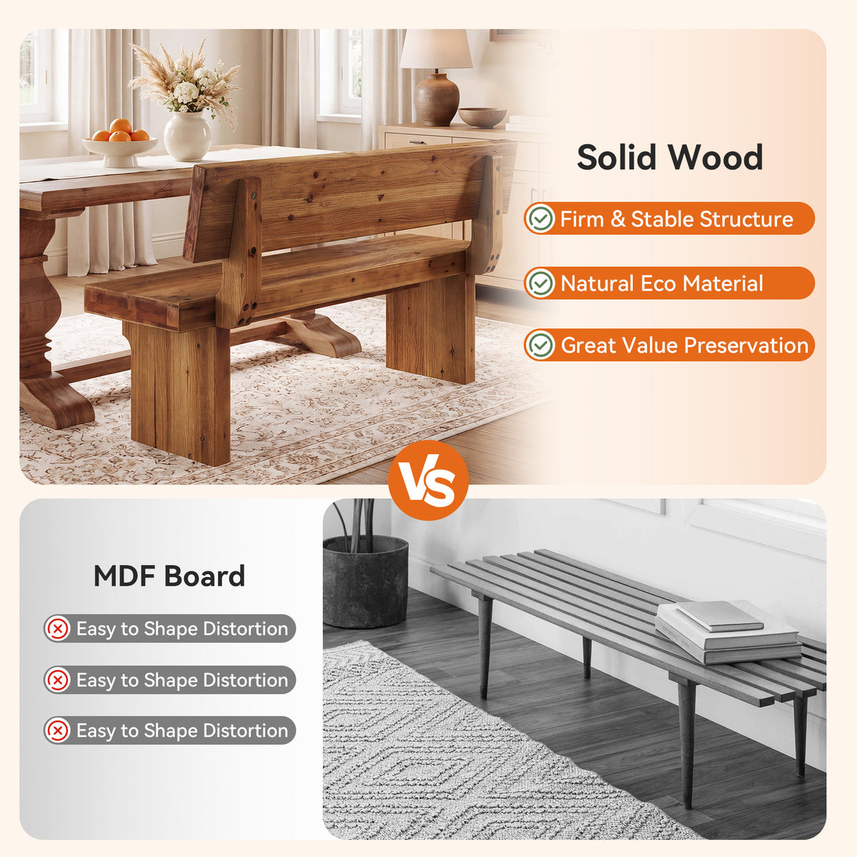 55" Solid Wood Dining Bench with Backrest, Kitchen Bench for Breakfast Nook
