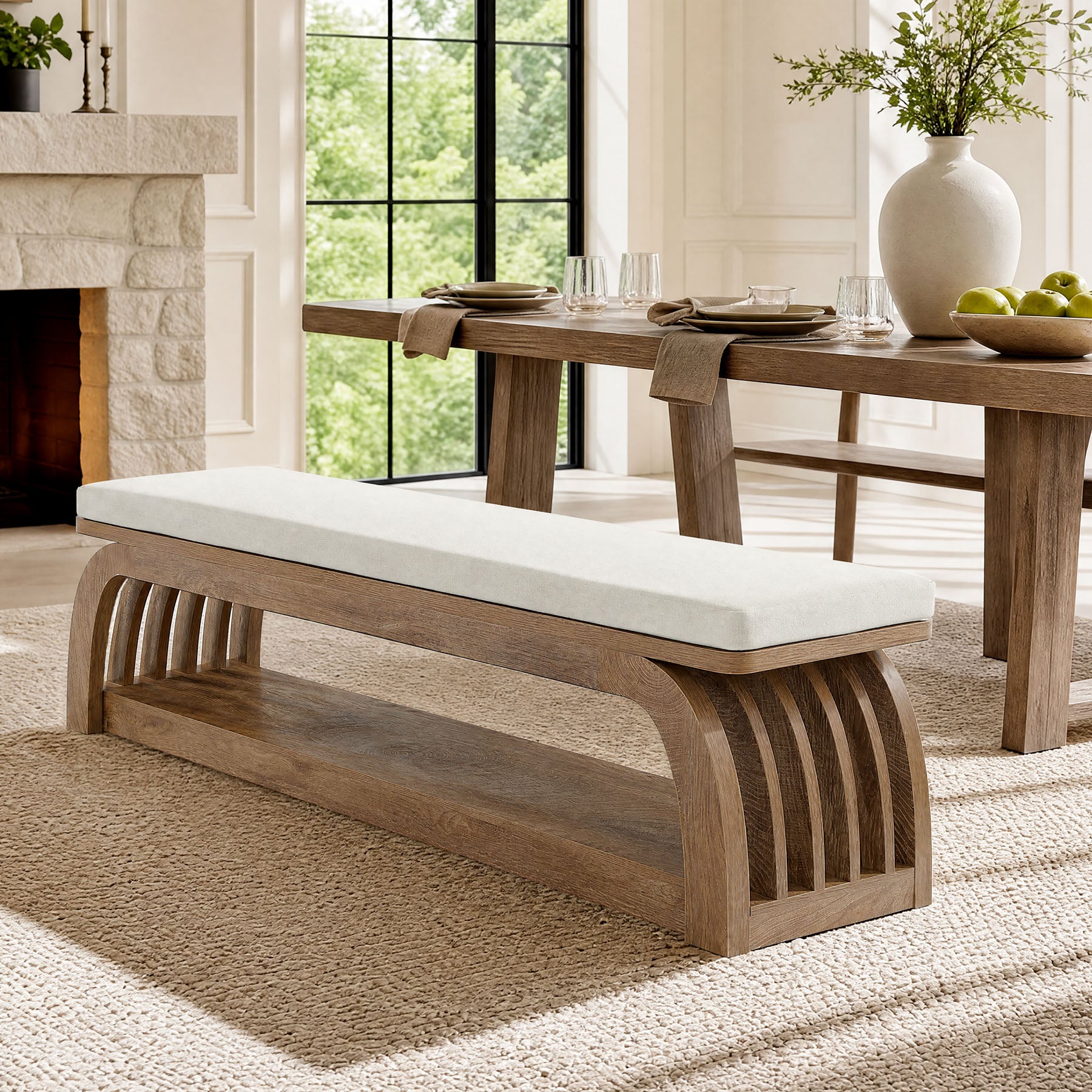 55" Upholstered Dining Bench, 2-Tier Farmhouse Kitchen Bench with Unique Hollow Legs