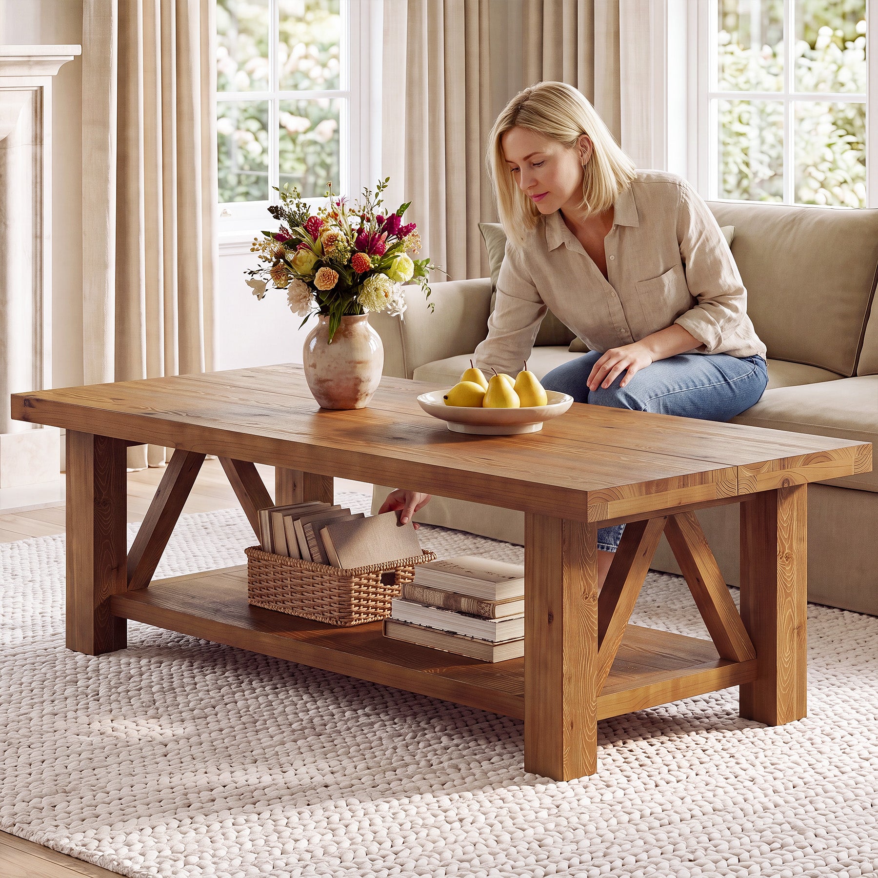 55" Rectangular Coffee Table, 2-Tier Solid Wood Center Table for Living Room