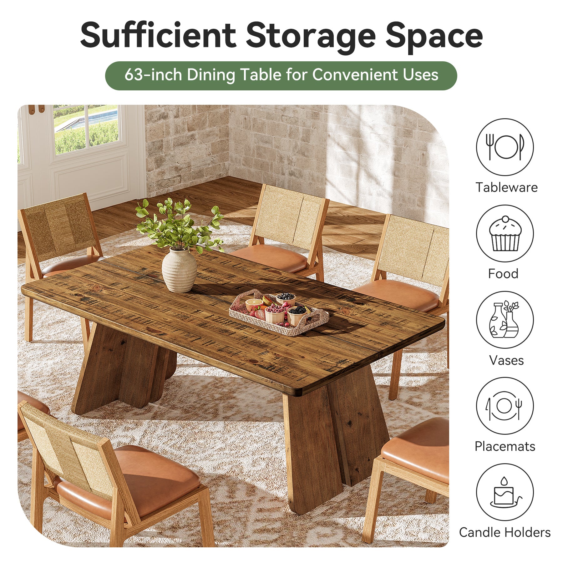 63" Solid Wood Dining Table for 4-6, Farmhouse Kitchen Table with Sturdy Legs