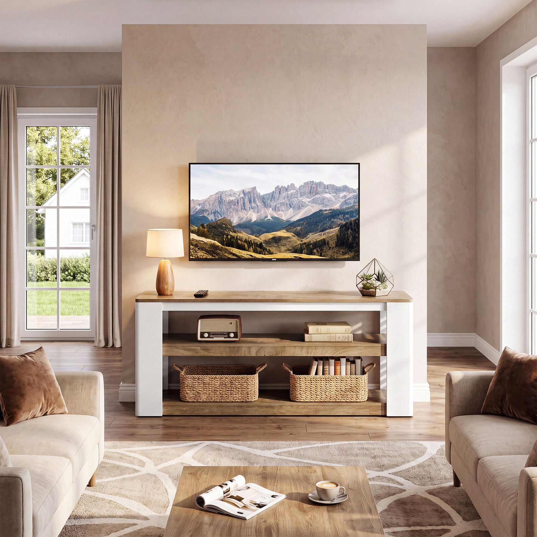 63" Farmhouse TV Stand, Entertainment Center with 3-Tier Storage Shelves for 75" TV