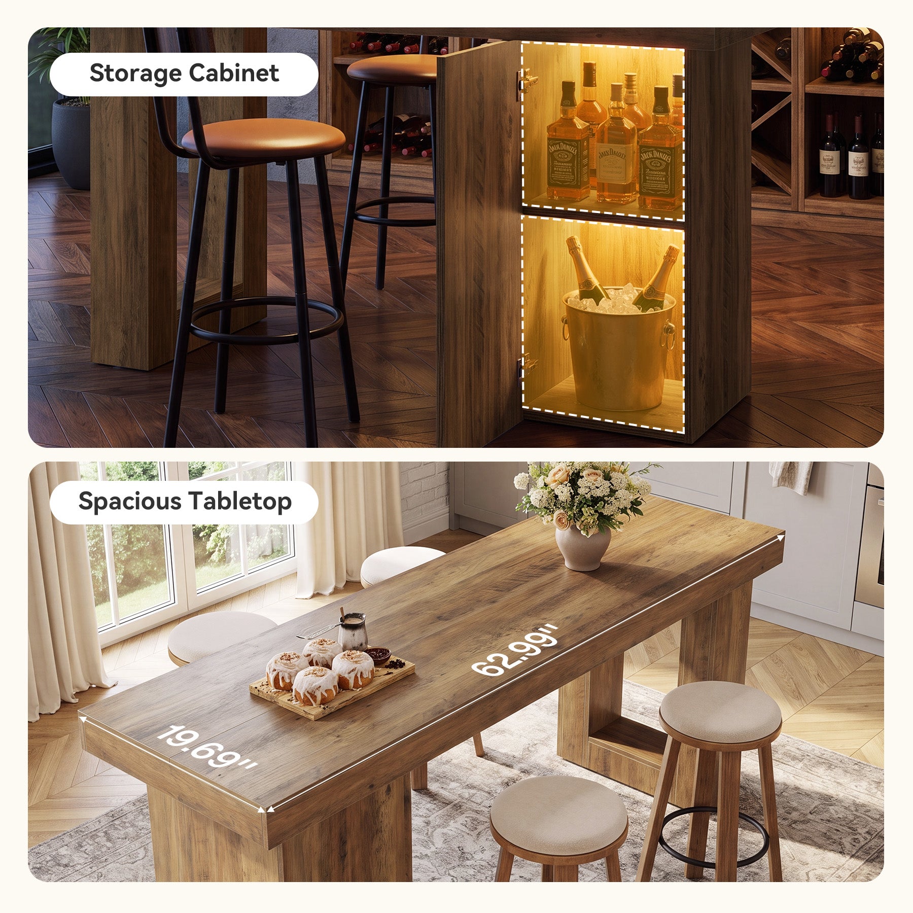 63" Bar Table with Storage Cabinet, Counter Height Pub Table Bar Unit for Dining Room, Bistro