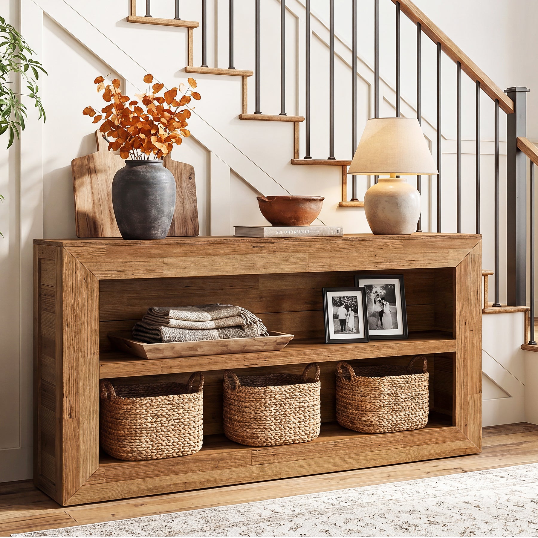 63-Inch Wooden Console Table, Narrow Entryway Table with 2-Tier Open Storage for Hallway