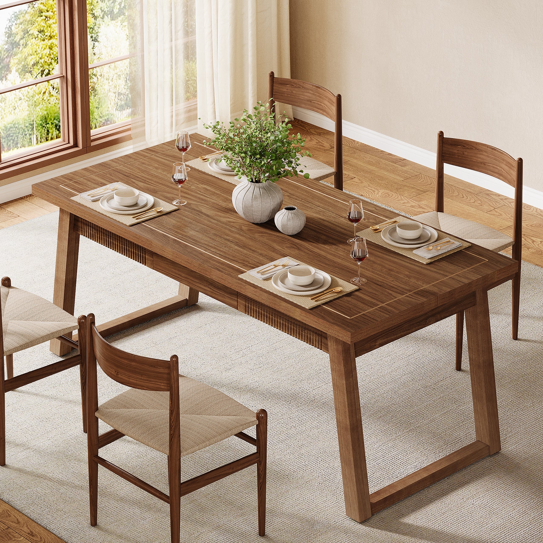 55" Rectangular Dining Table with Drawer & Solid Wood Legs - Thumbnail 4