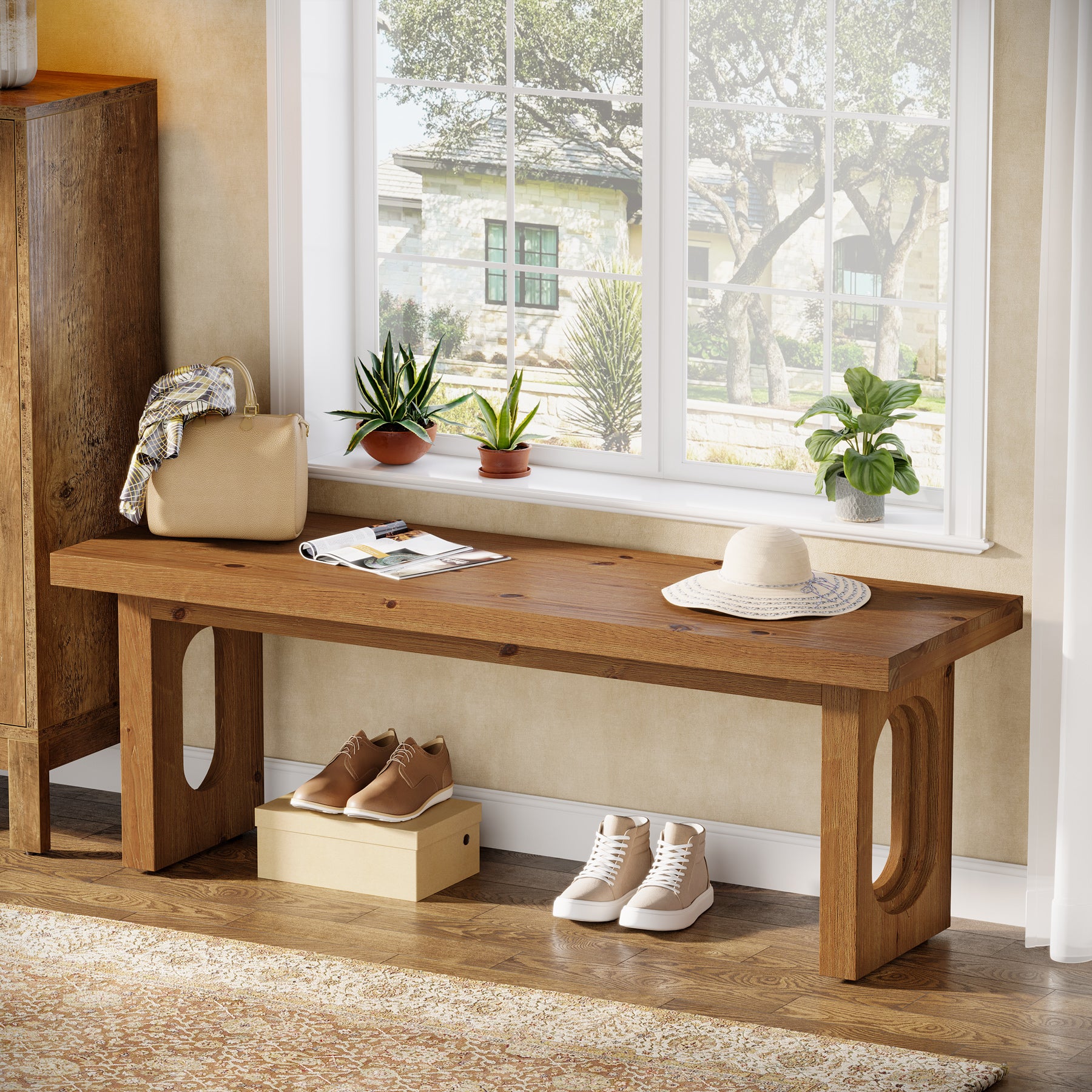 Solid Wood Entryway Bench, 43.3" Farmhouse Shoe Bench with Hollowed Legs