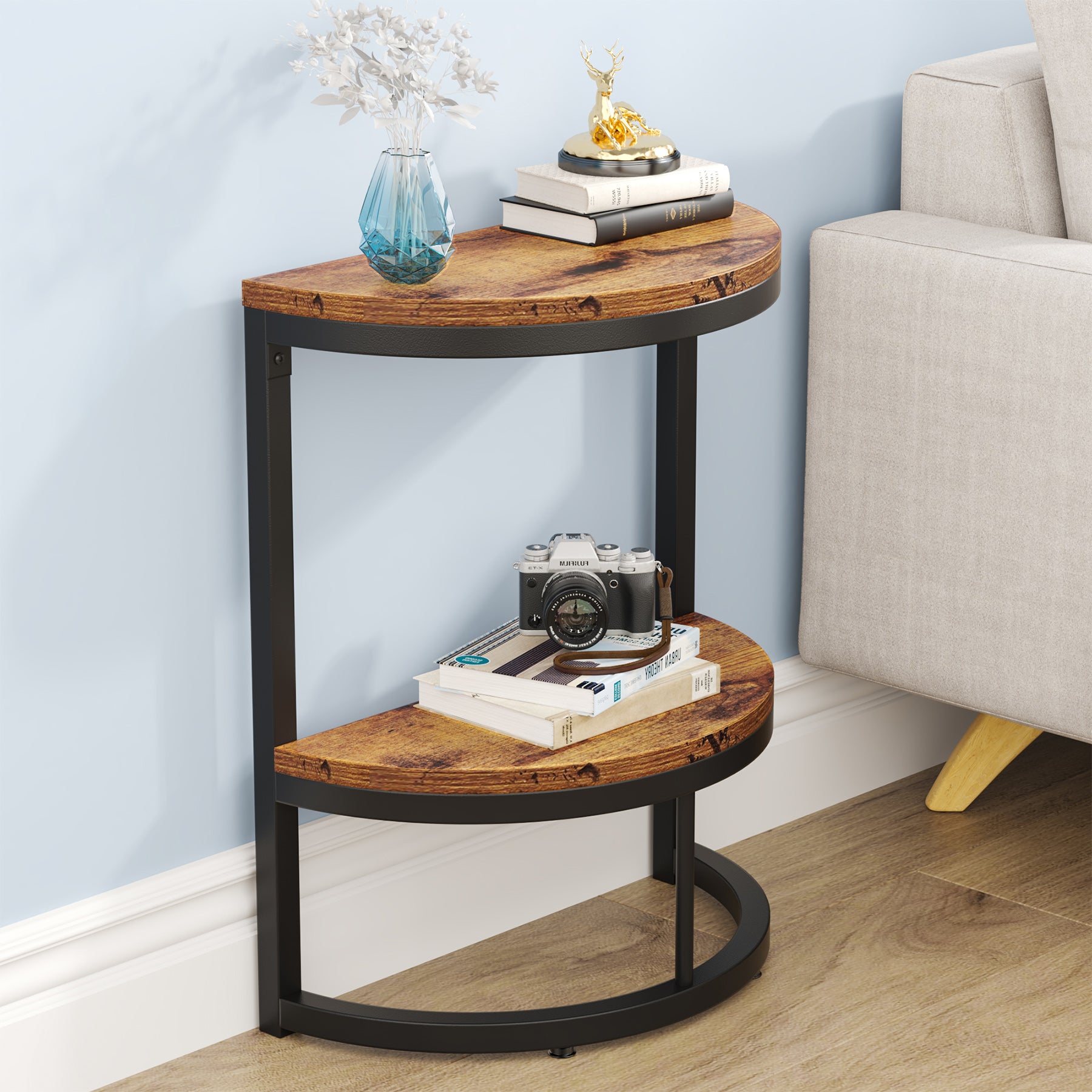 Half Round End Table, Narrow Side Table with Metal Frame