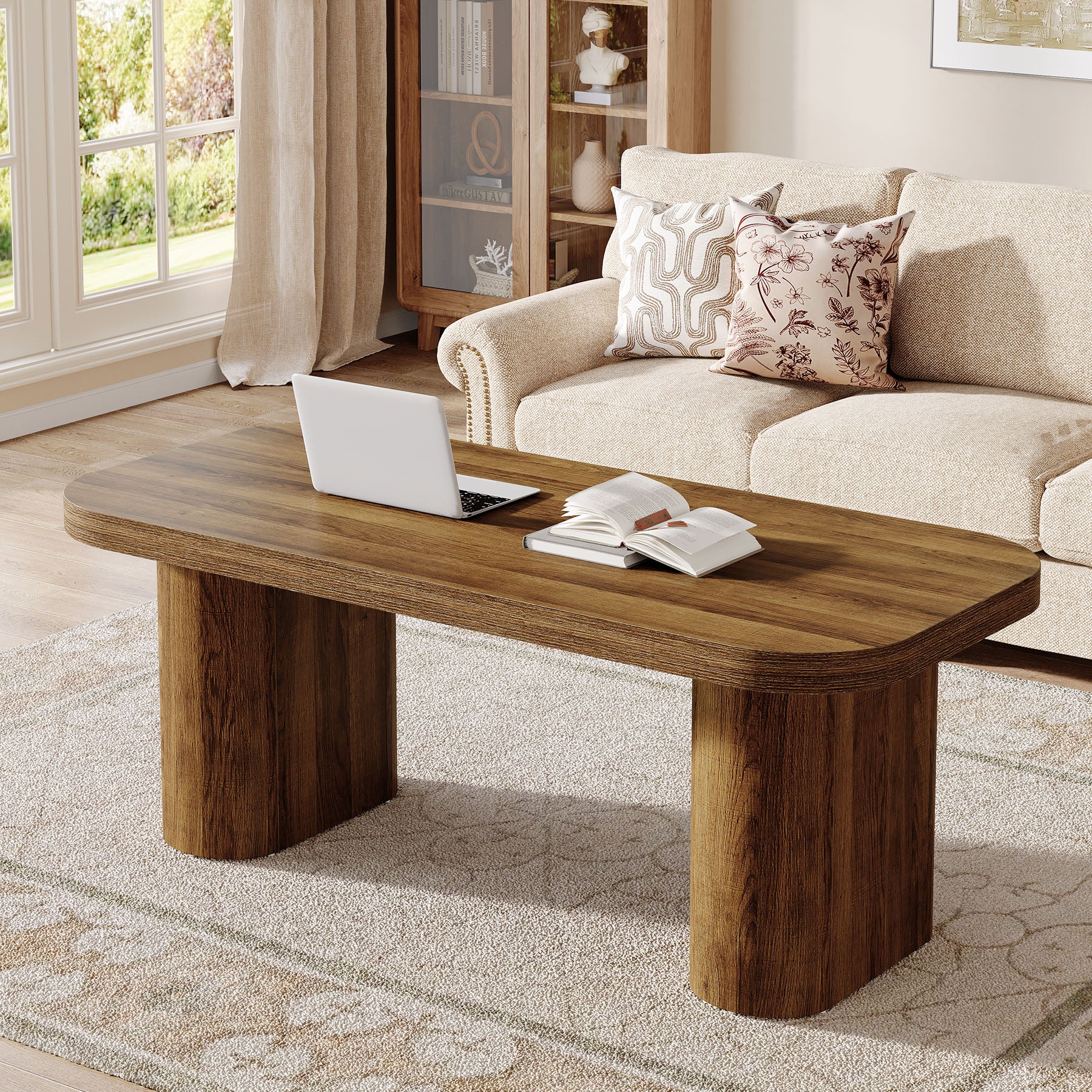 47-Inch Farmhouse Coffee Table, Rectangular Center Table with Rounded Corners and Sturdy Base