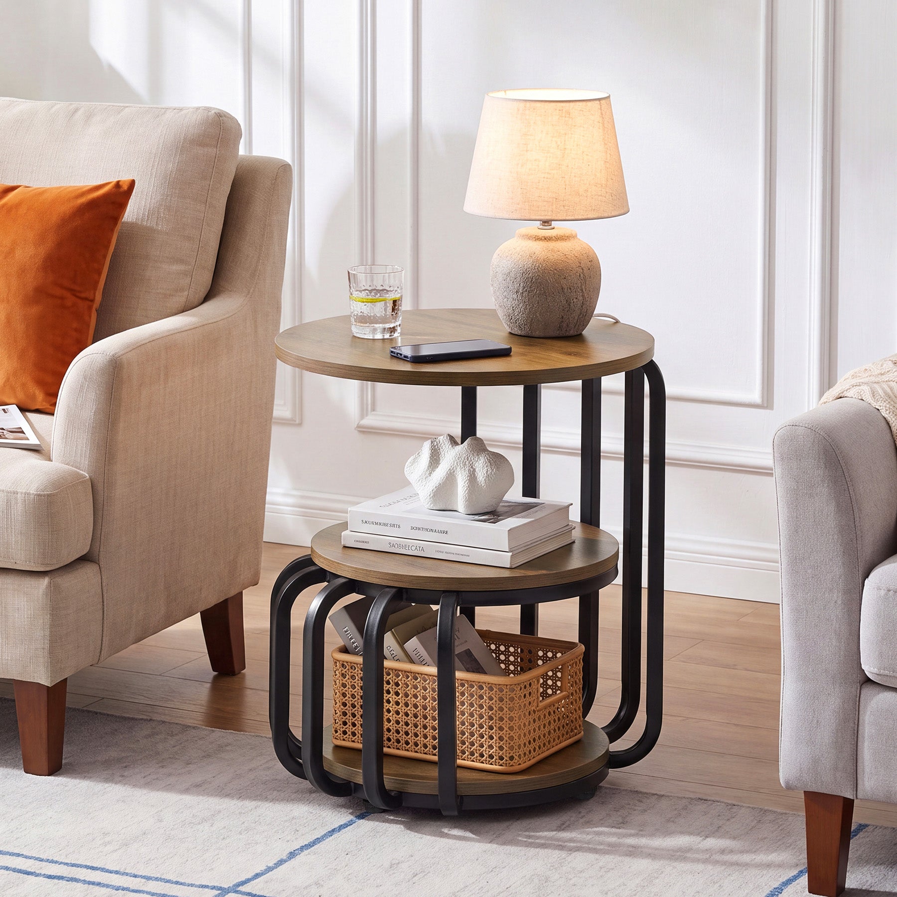 19.69" Round End Table, Industrial Side Table with 3-Tier Storage Shelves & Metal Frame