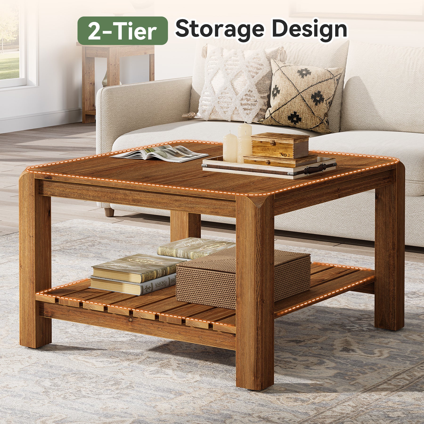 31.5" Modern Coffee Table, 2-Tier Solid Wood Square Center Table
