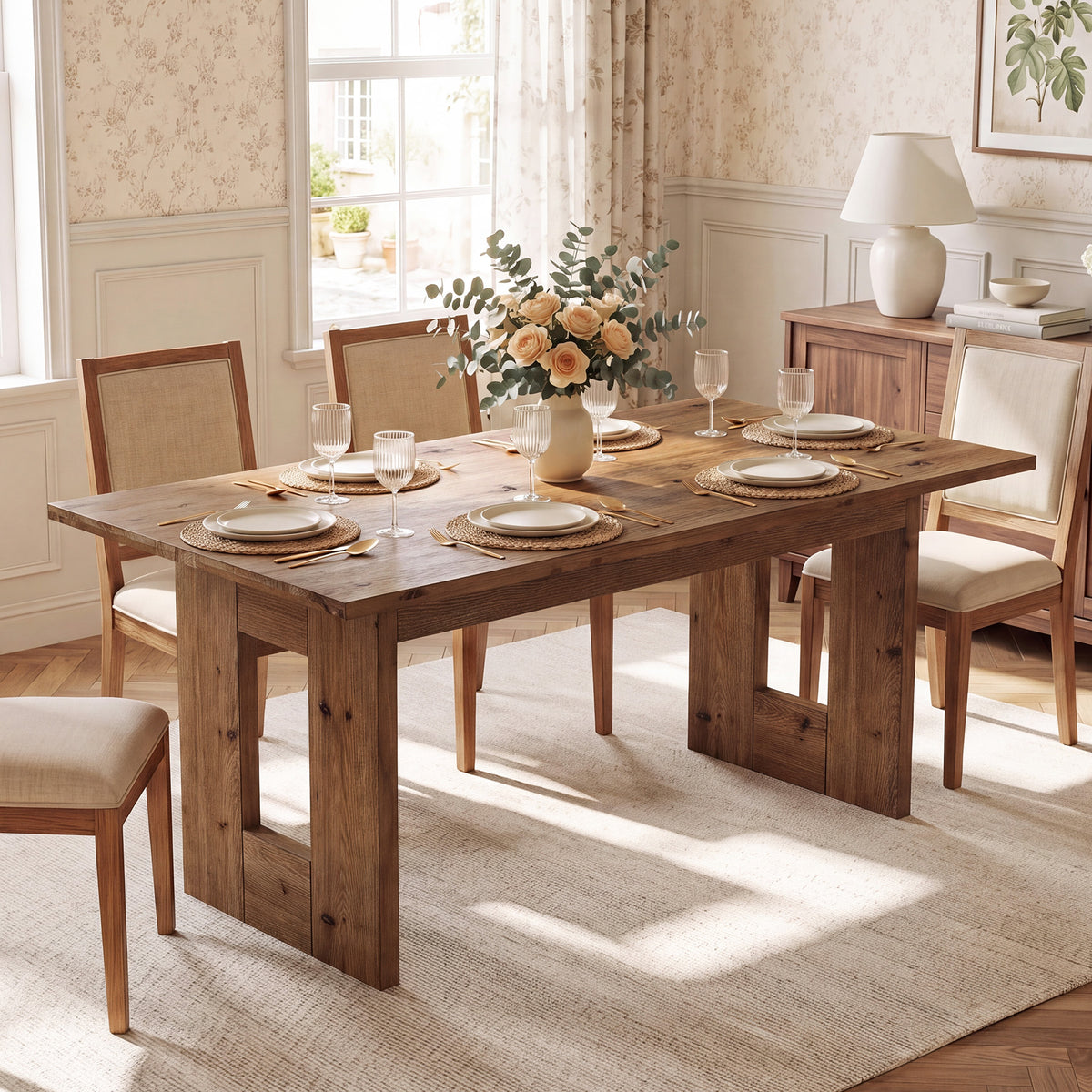 63" Solid Wood Dining Table, Rectangular Kitchen Table for 4-6 People with Thick Top