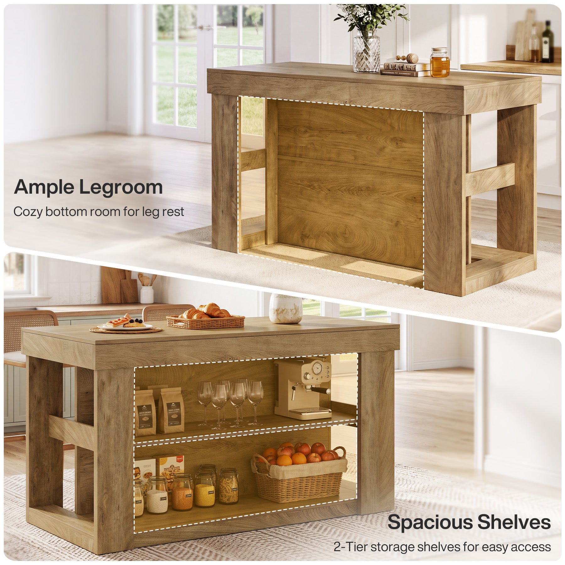 Tribesigns 55-Inch Kitchen Island with 2 Storage Shelves, Farmhouse Island Table with Seating