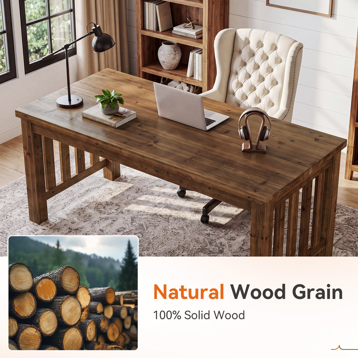 63" Solid Wood Computer Desk, Sturdy Farmhouse Home Office Writing Table