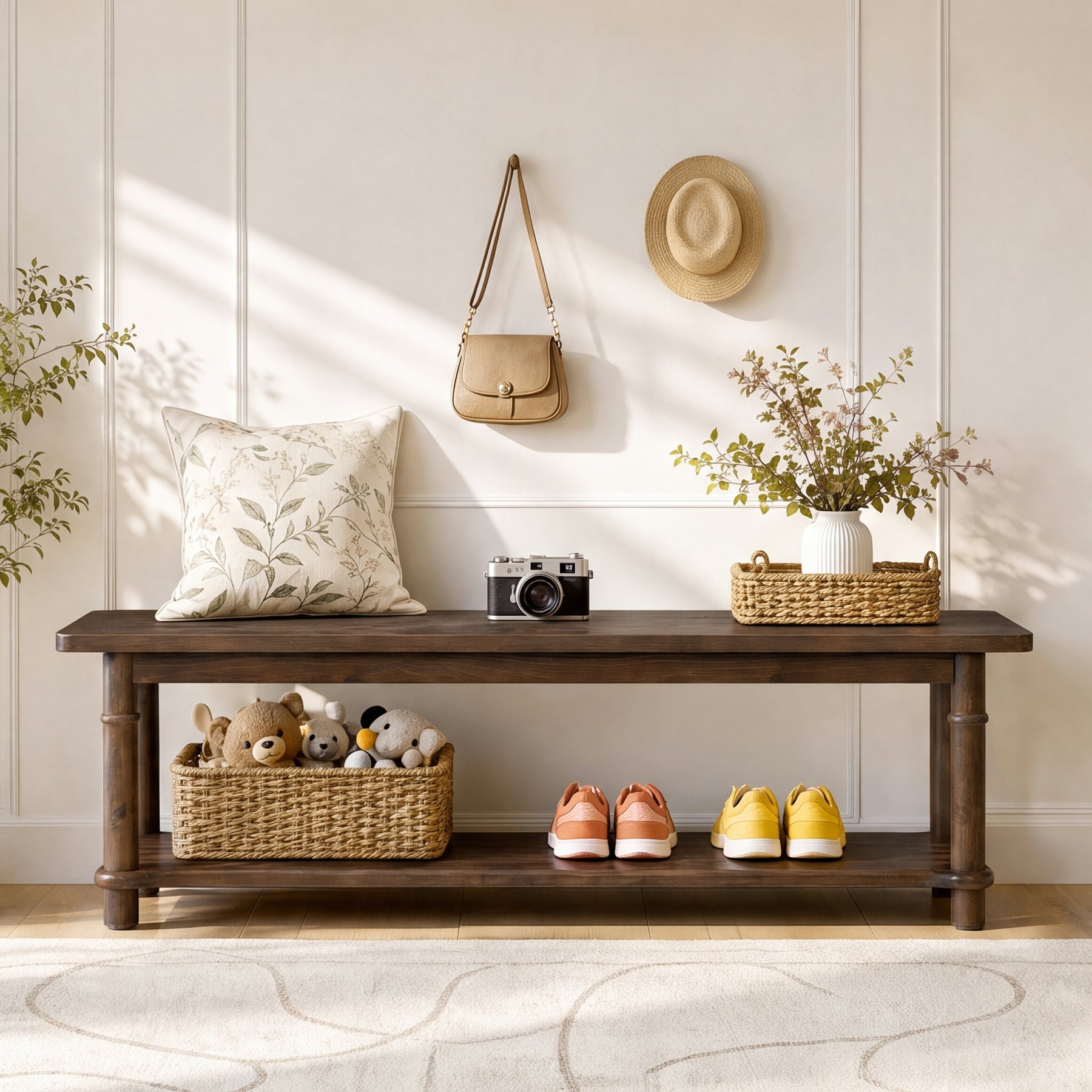 55" Farmhouse Entryway Bench with Open Shelf, 2-Tier Solid Wood Shoe Bench, Hallway