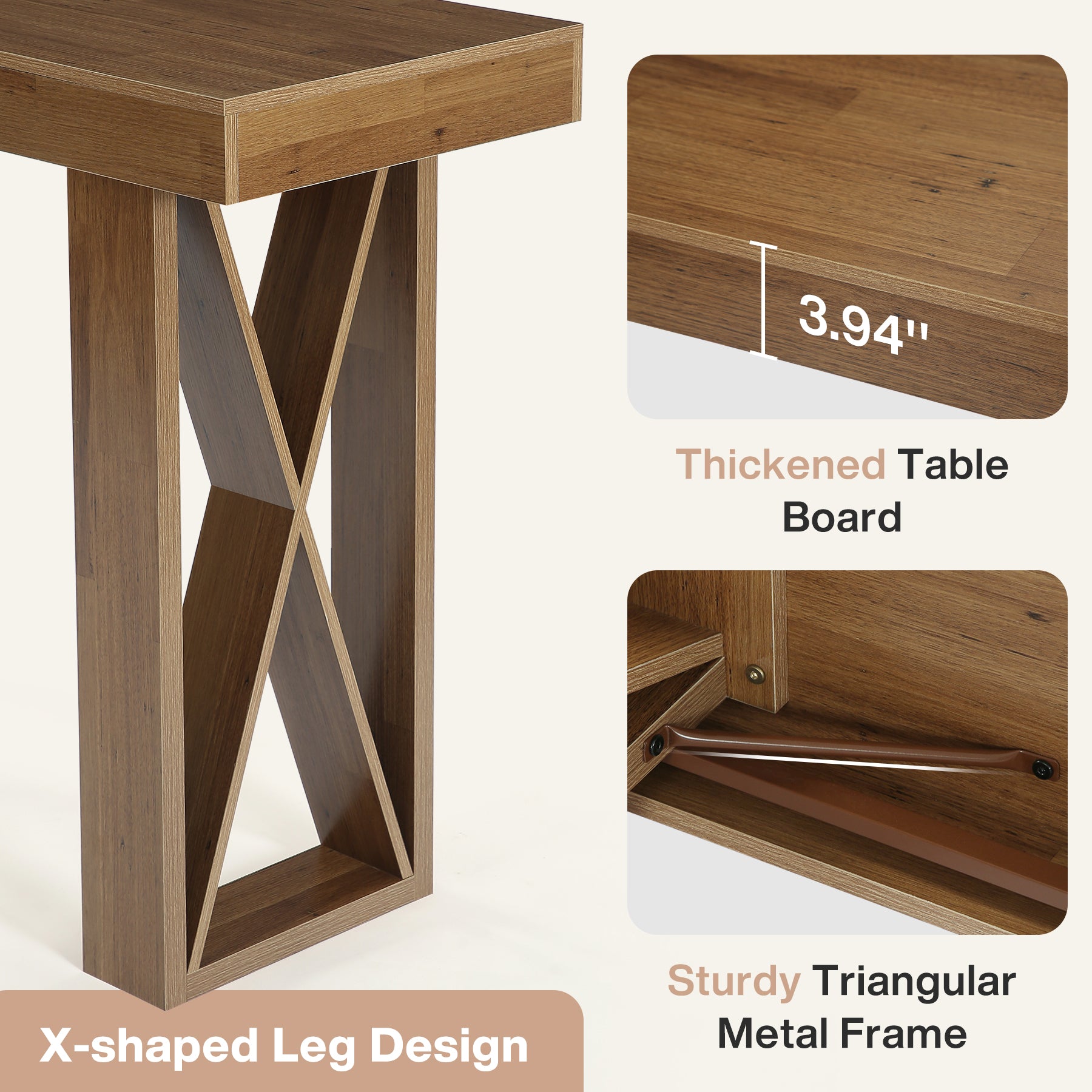 63" Bar Table, Rectangular Counter Height Pub Table with X-Shaped Frame