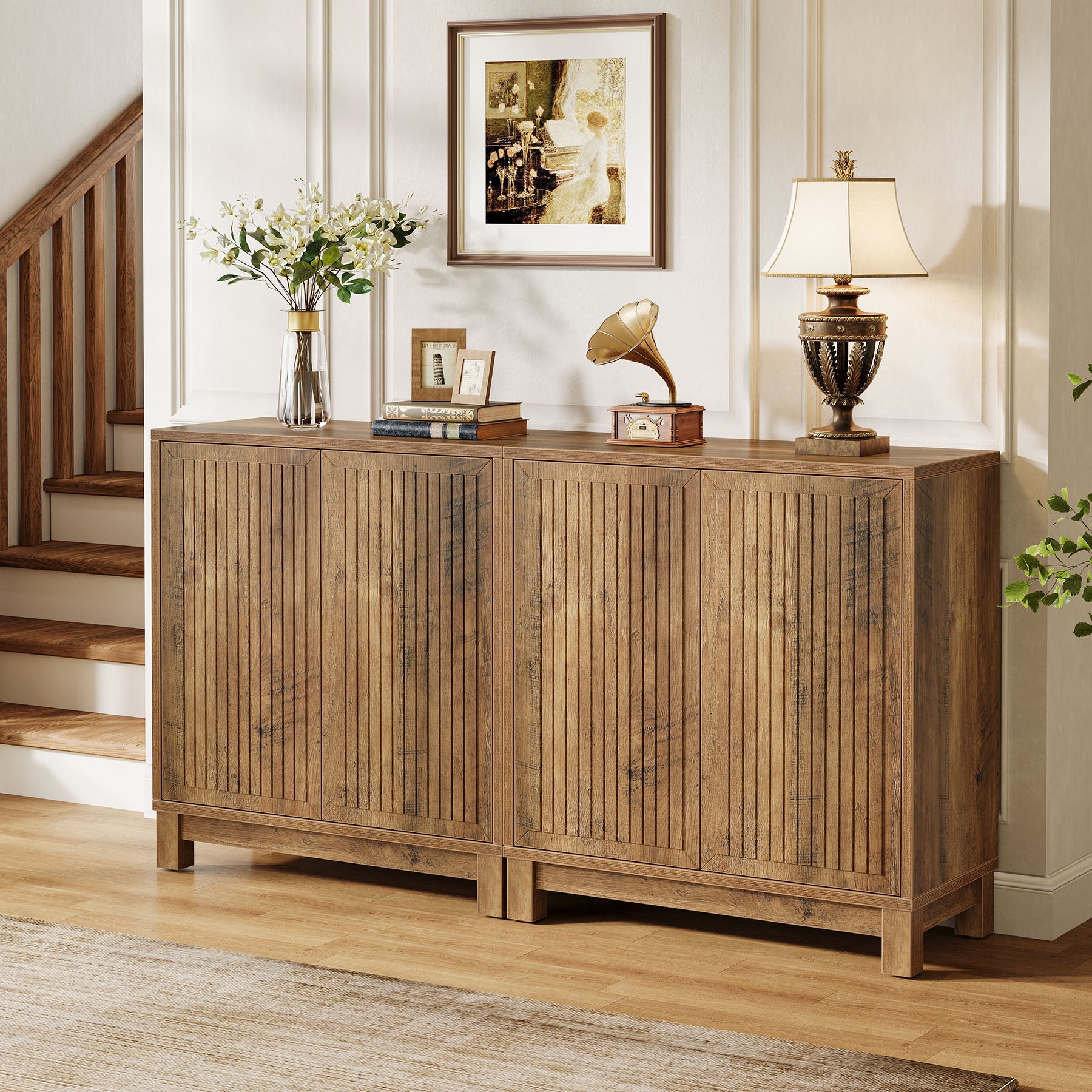 Fluted Sideboard Buffet Cabinet with Adjustable Shelves & 4 Push-Spring Doors