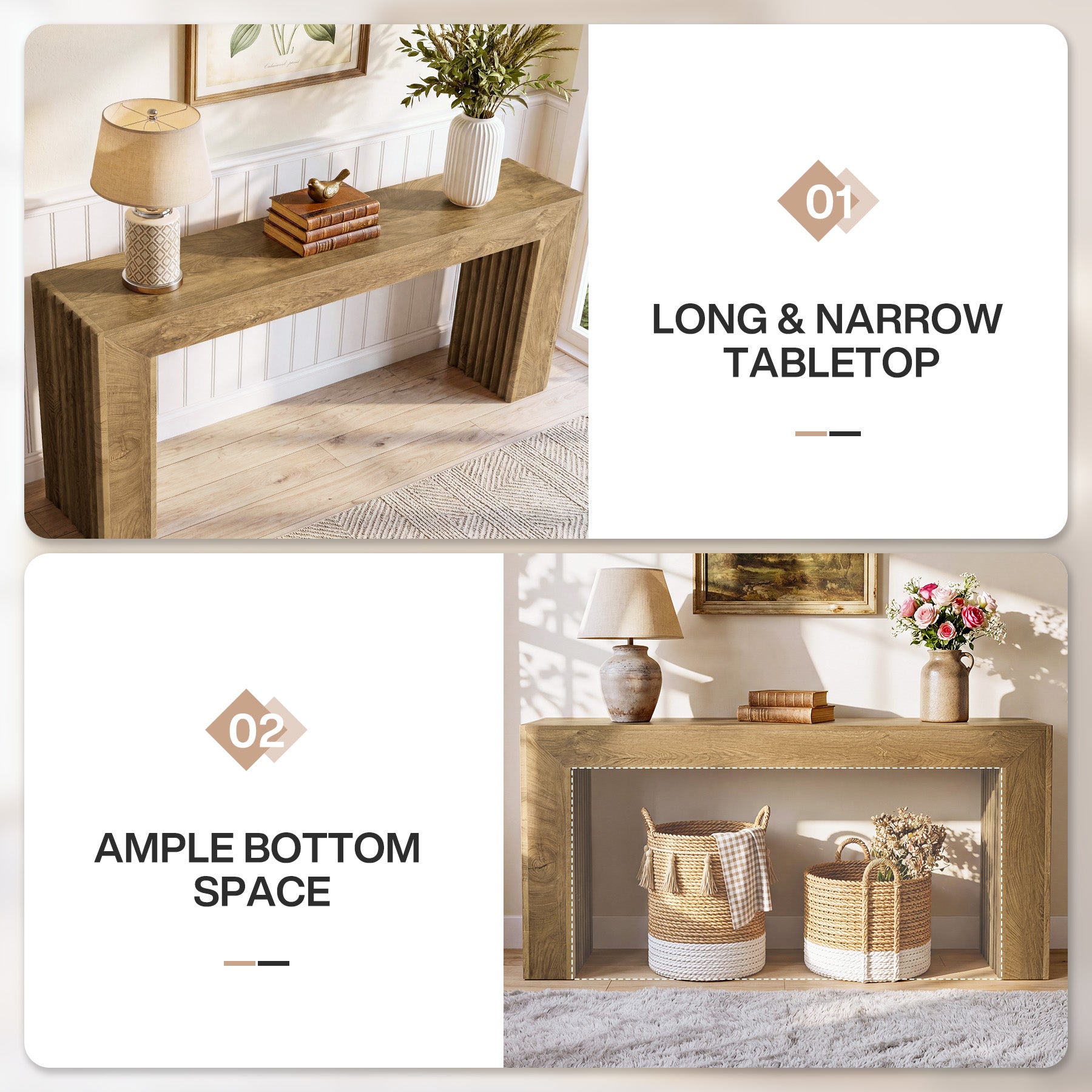 63" Fluted Console Table with Roman Column Legs, Narrow Farmhouse Entryway Sofa Table with Wood-Grain Finish