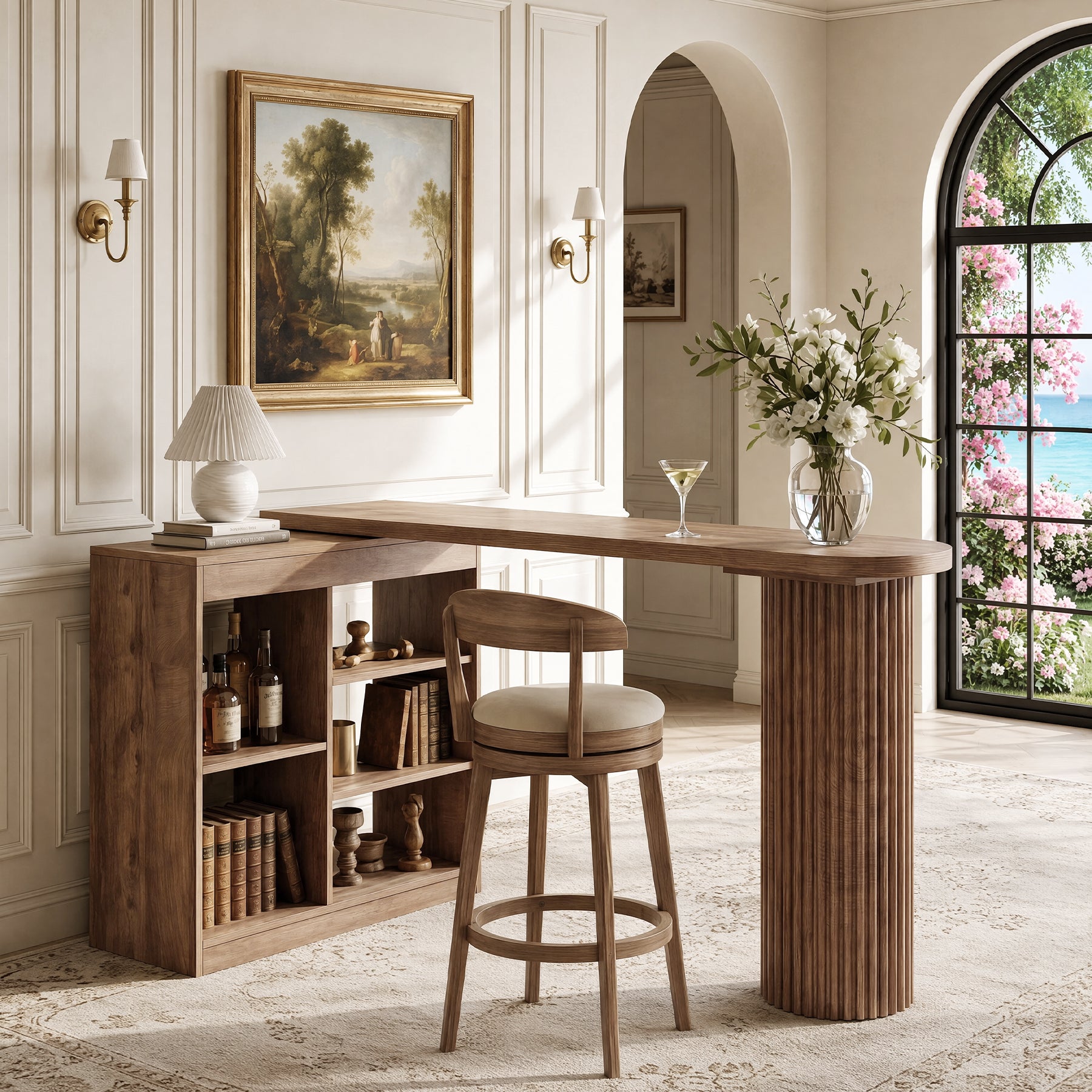 L-Shaped Bar Table with Rotatable Open Storage Shelves, 63" Counter-Height Pub Table for Kitchen