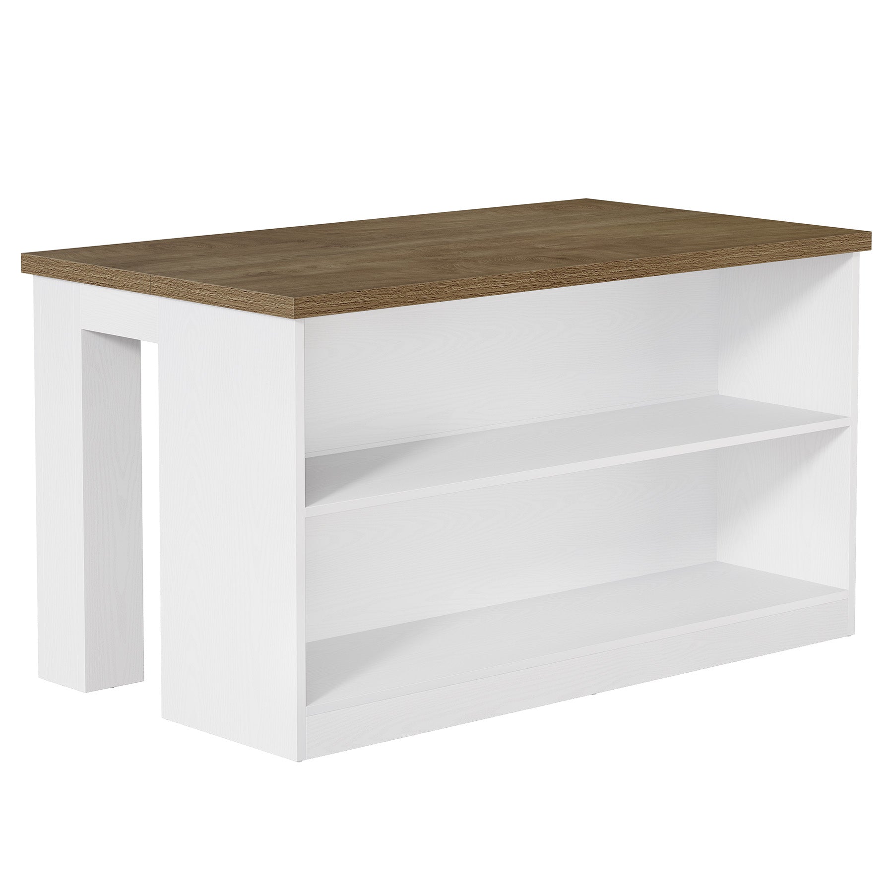 55" Farmhouse Kitchen Island, Stationary Island Prep Dining Table with 2-Tier Open Shelves