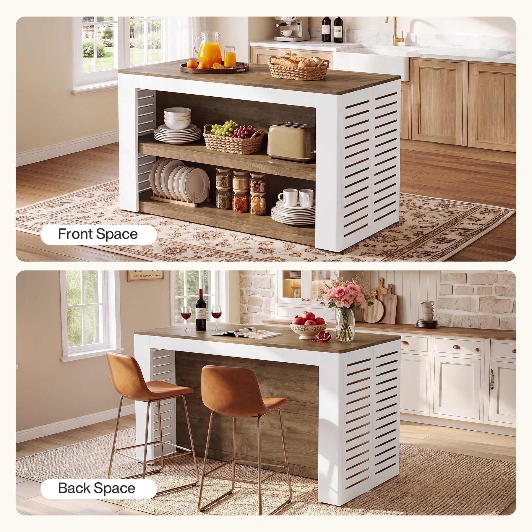55" Farmhouse Kitchen Island, 3-Tier Wooden Stationary Island Table for Kitchen