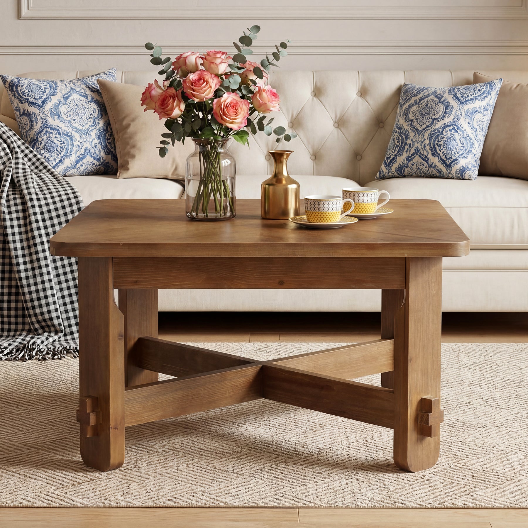 31.5 Inch Solid Wood Square Coffee Table, Farmhouse Center Table with Cross Base