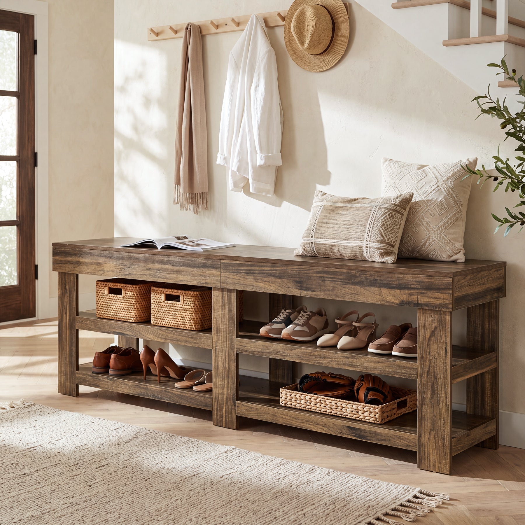 79" Extra Long Entryway Bench with Shoe Storage, Farmhouse Wood Shoe Bench