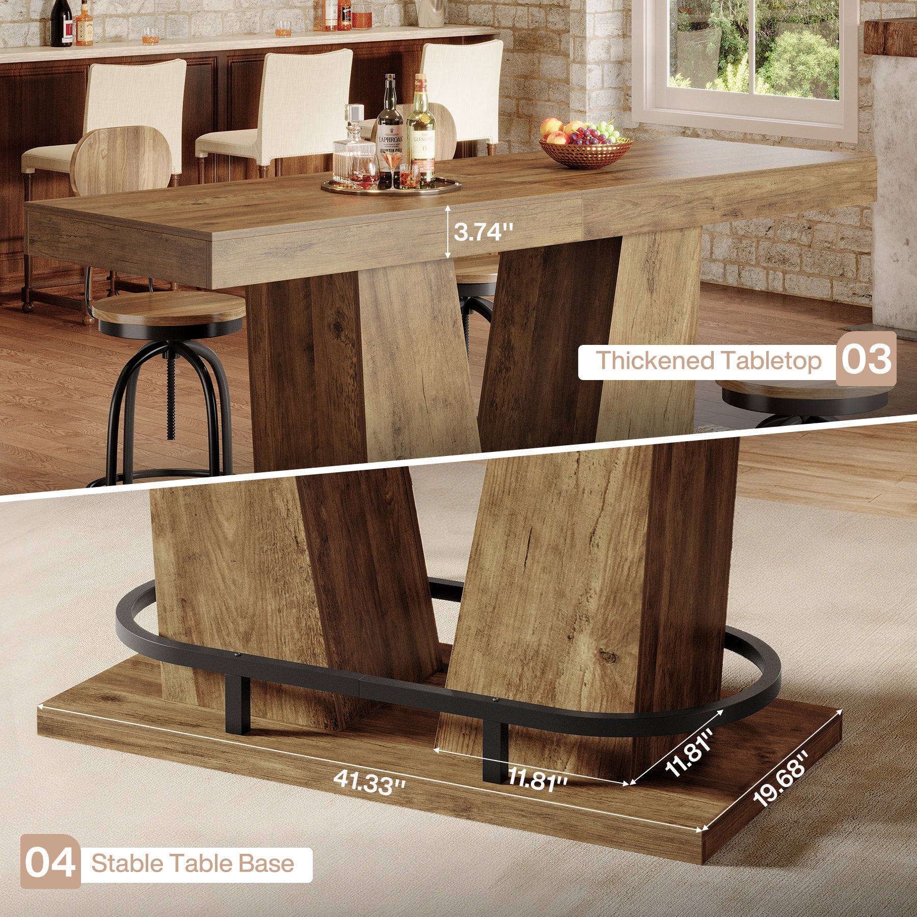 62.99" Bar Table for 4-6, Rectangle Counter Height Pub Table with Metal Footrest