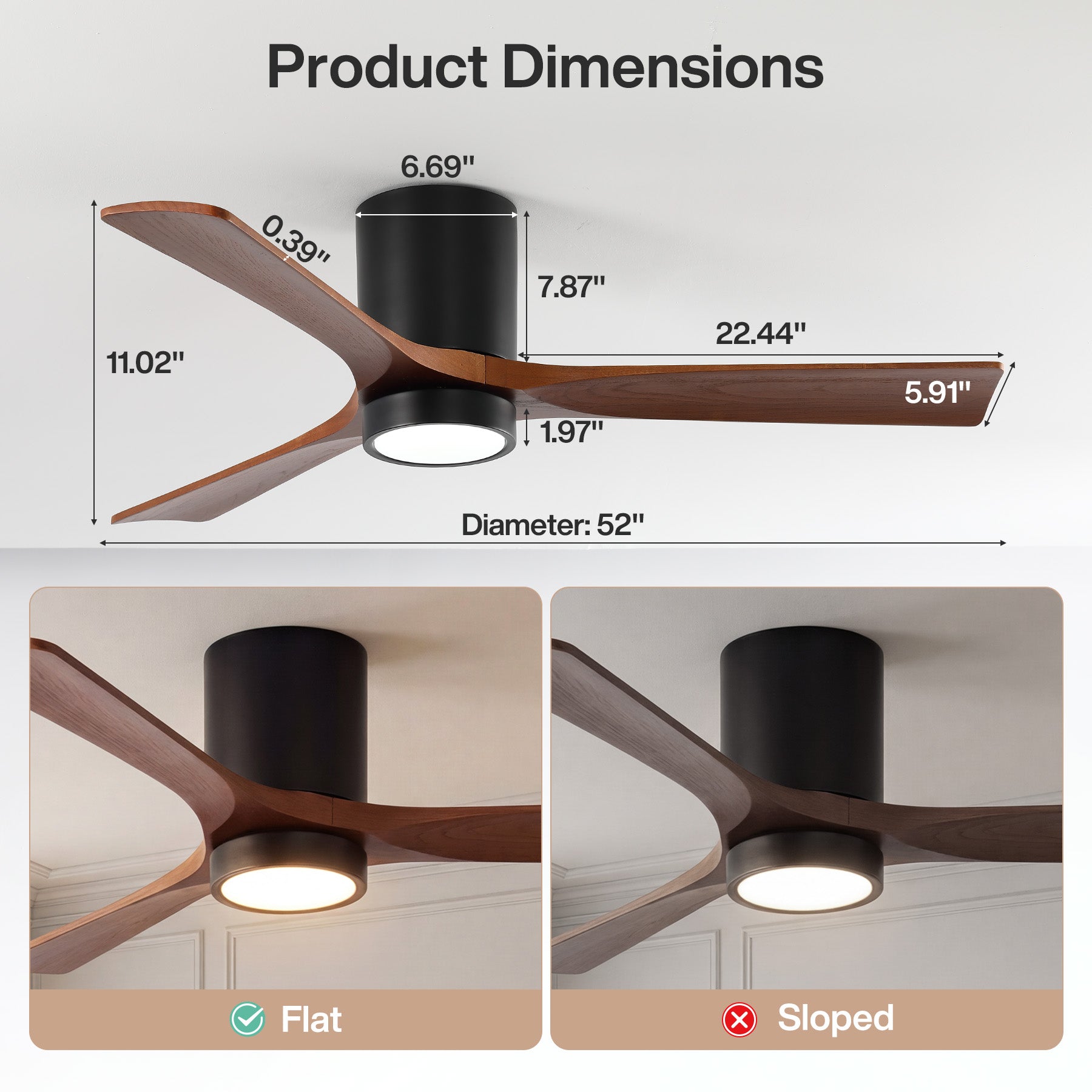 52" Ceiling Fans with Lights & Remote Control, 3 Solid Wood Blades