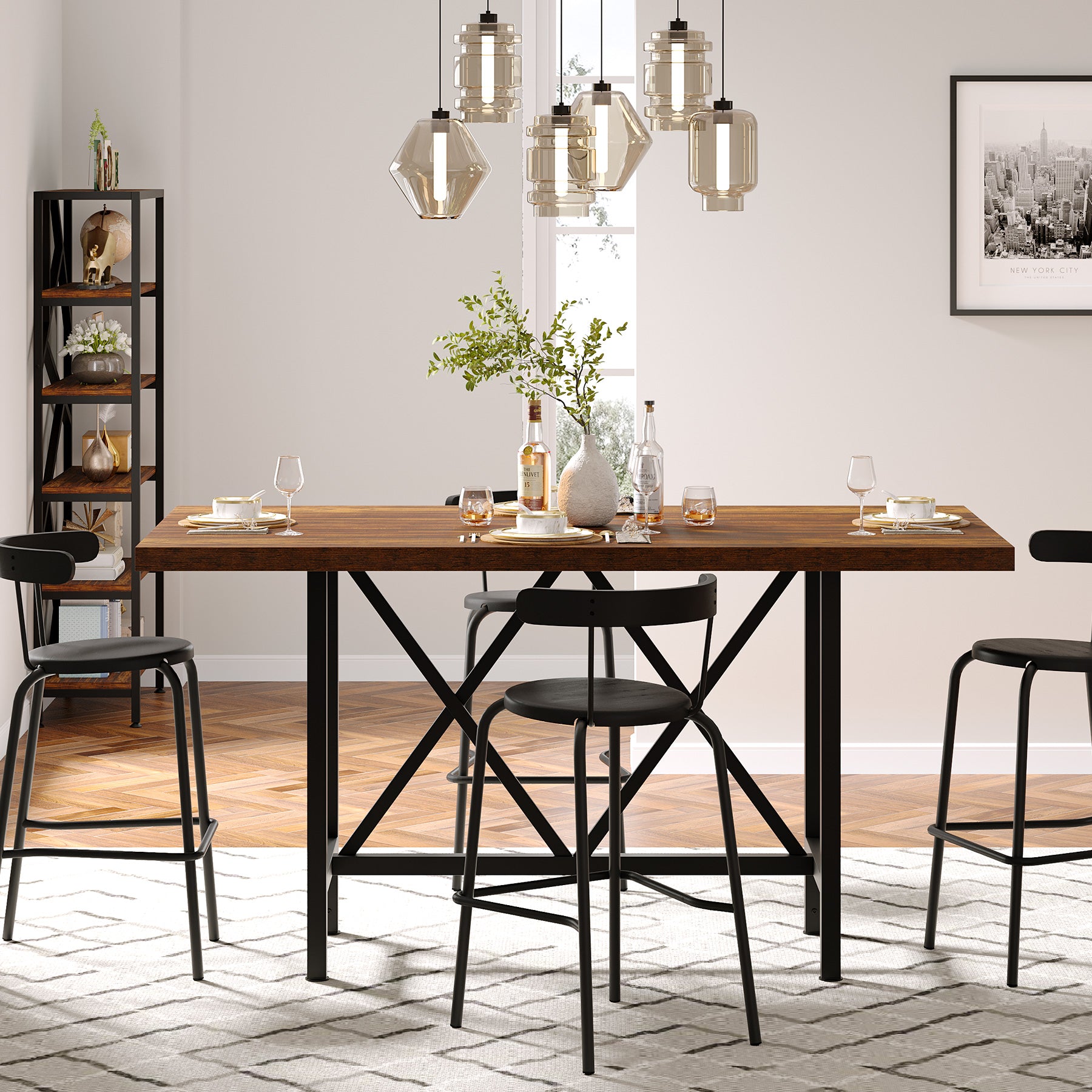 63" Rectangular Dining Table for 6, Counter-Height Kitchen Table with Metal Legs
