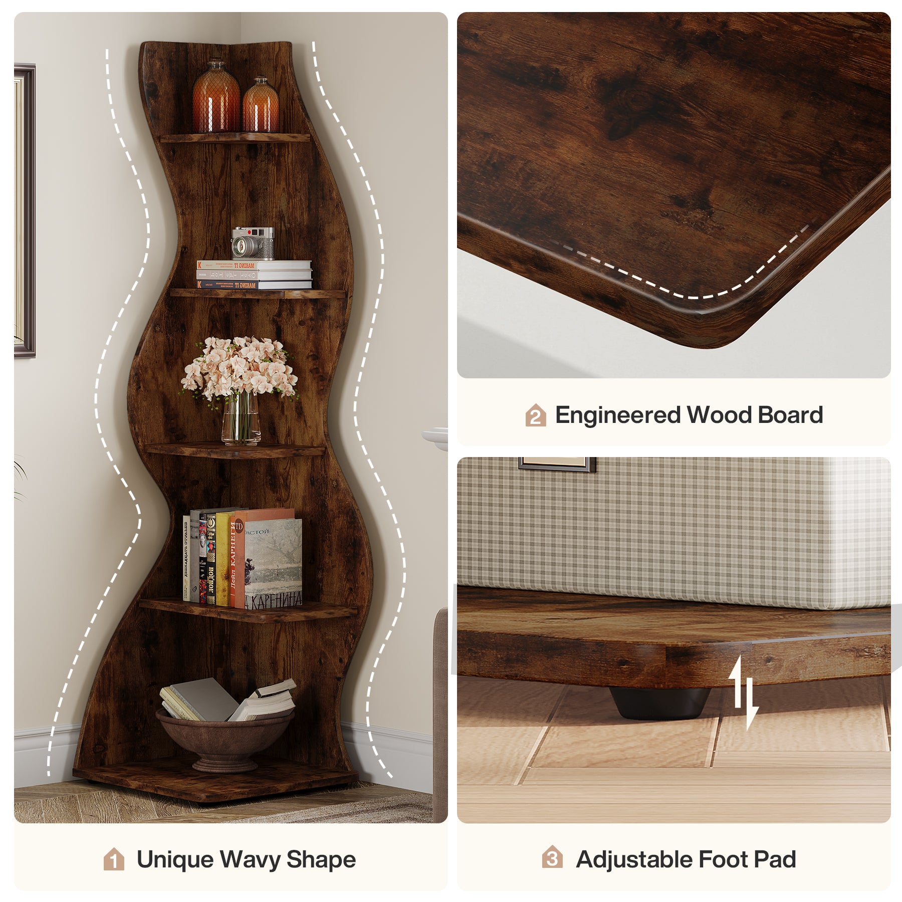 Wavy Corner Shelf, 5-Tier Bookshelf Bookcase Display Rack