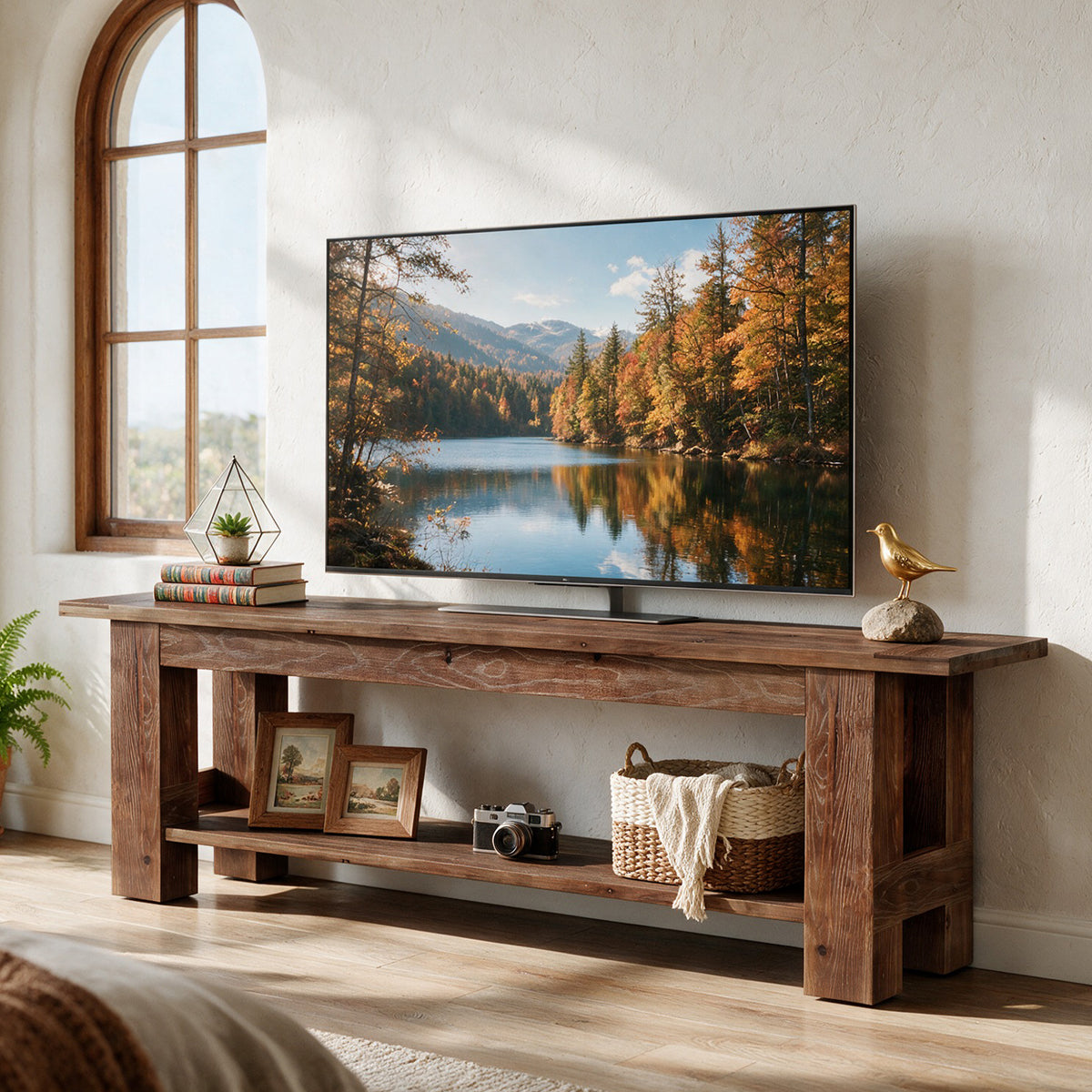 71" Rustic Solid Wood TV Stand for 75" TV, Entertainment Center with Storage Shelf