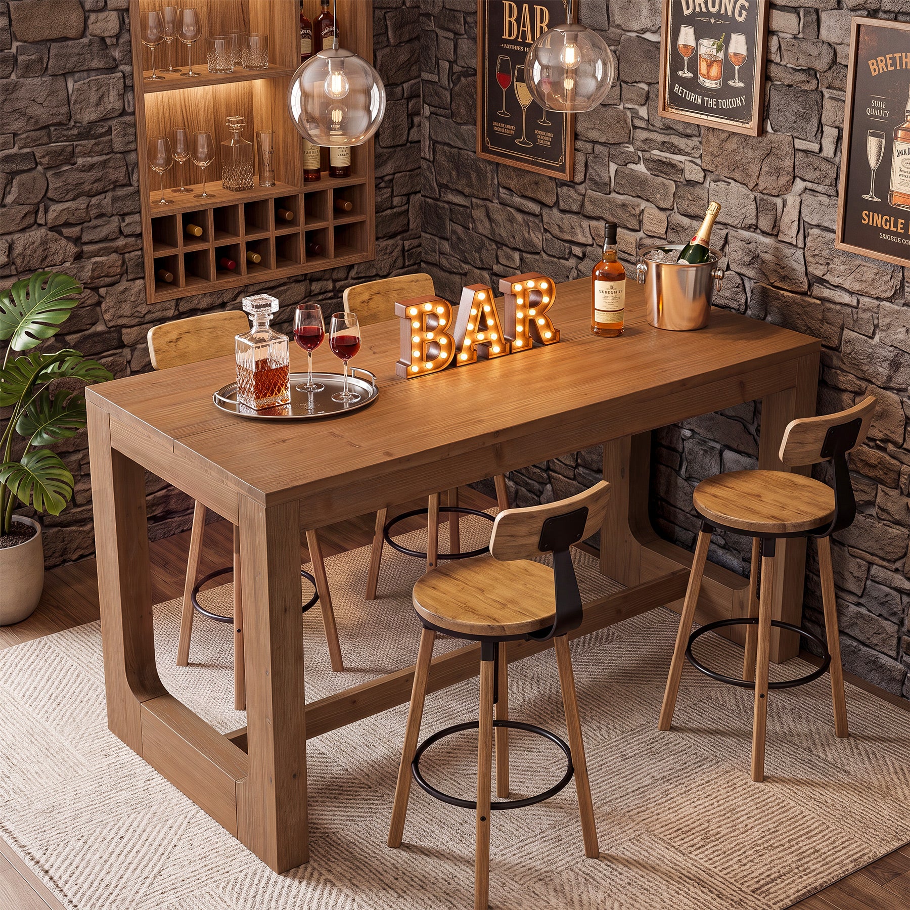 63" Solid Wood Home Bar Table, Counter Height Table with Spacious Tabletop