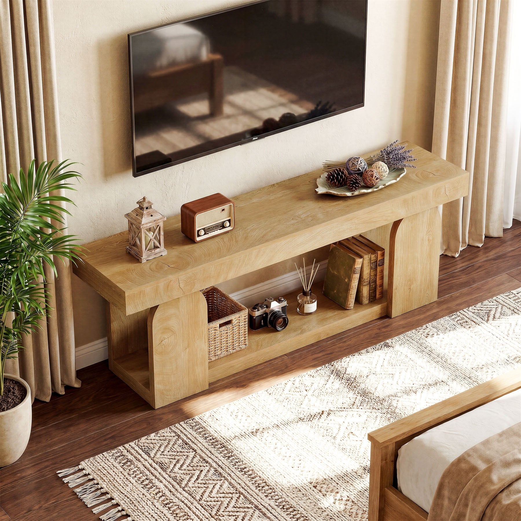 63" Farmhouse TV Stand for TVs up to 75", Wooden Entertainment Center with Open Storage Shelf