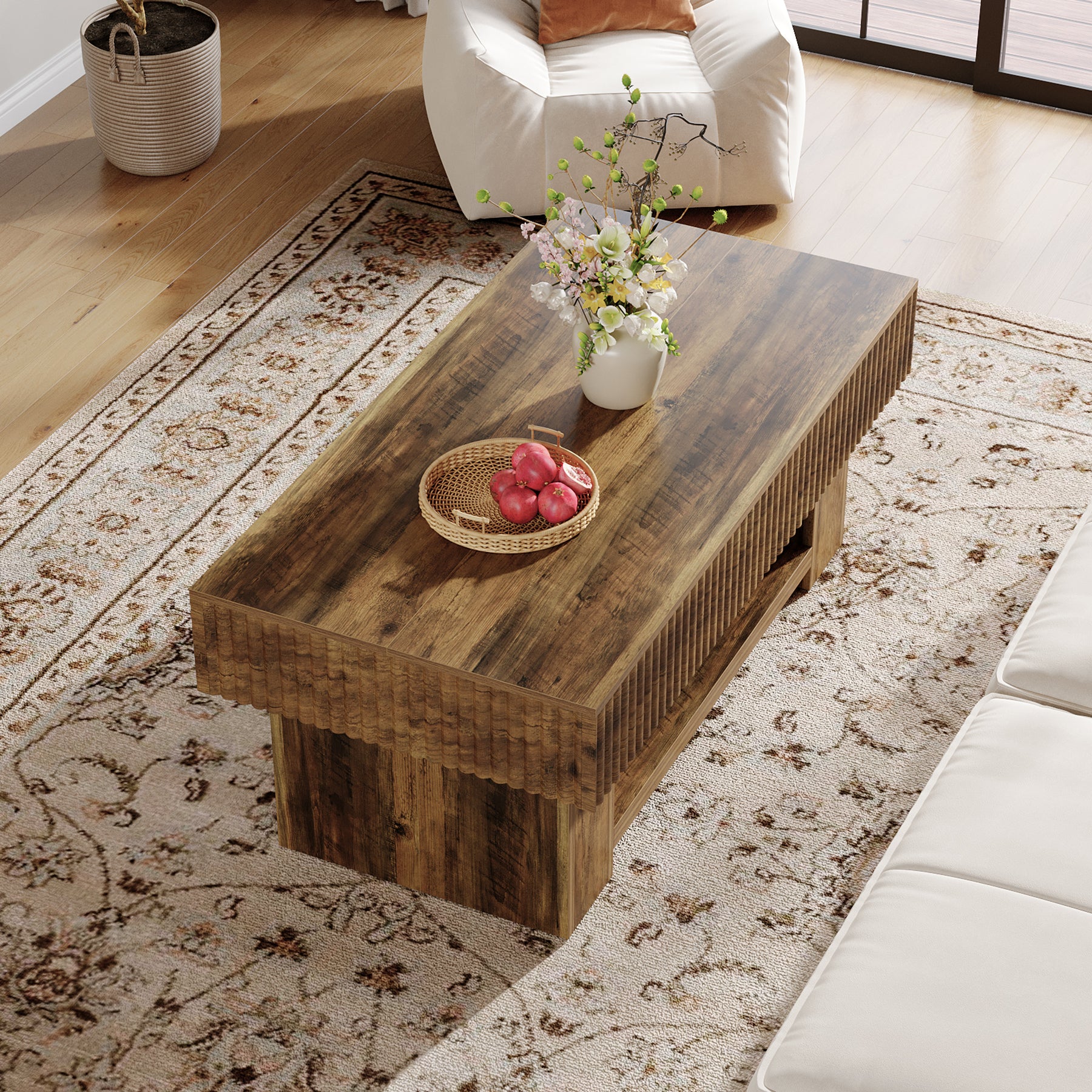 Farmhouse Coffee Table with Storage, 47" Center Table with Fluted Panel