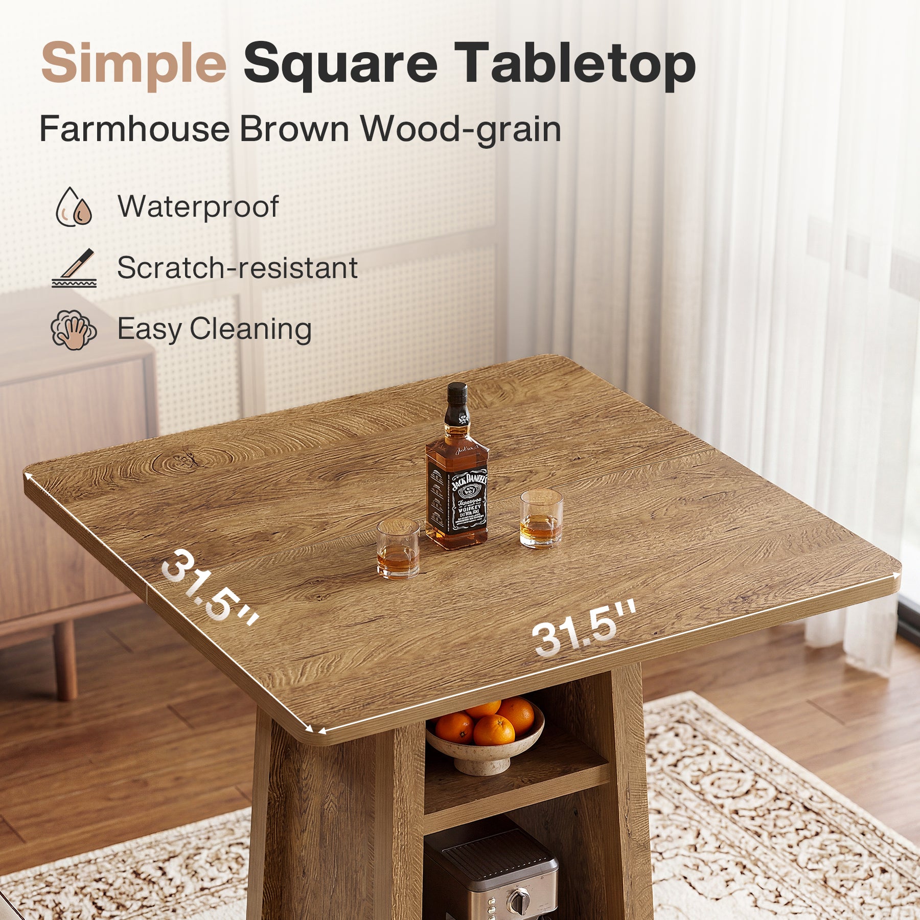 Square Bar Table with Storage, 35.4" H Pub Bar Table with 2 Open Shelves